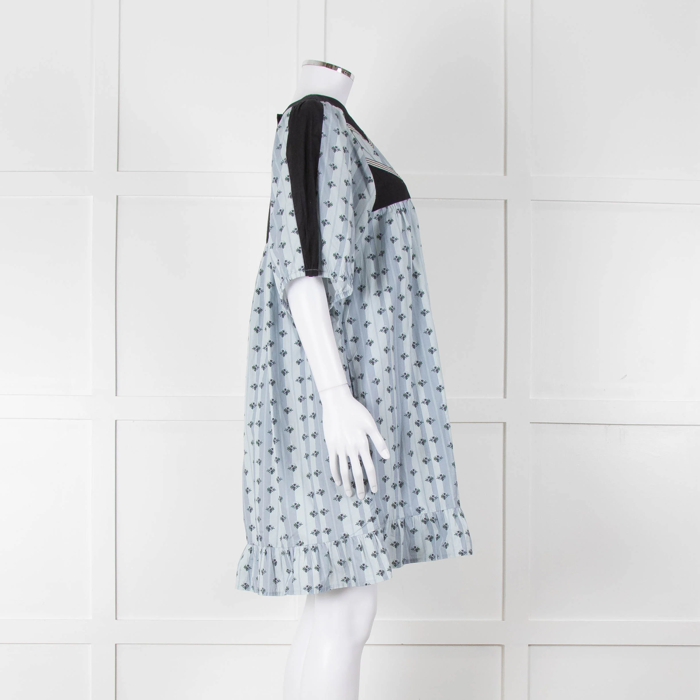Batsheva Blue Black Floral Striped Cotton Short Dress - Image 3