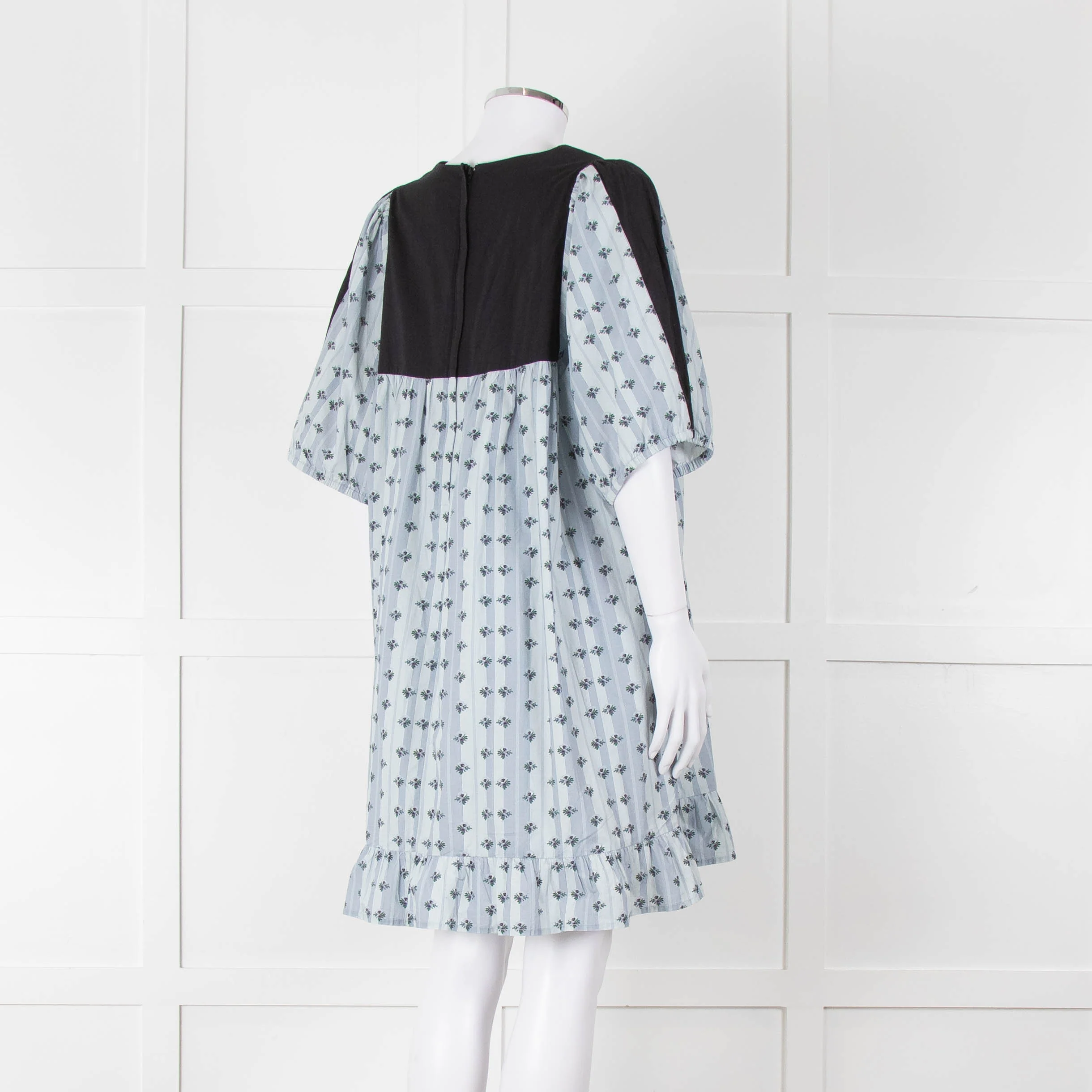 Batsheva Blue Black Floral Striped Cotton Short Dress - Image 4