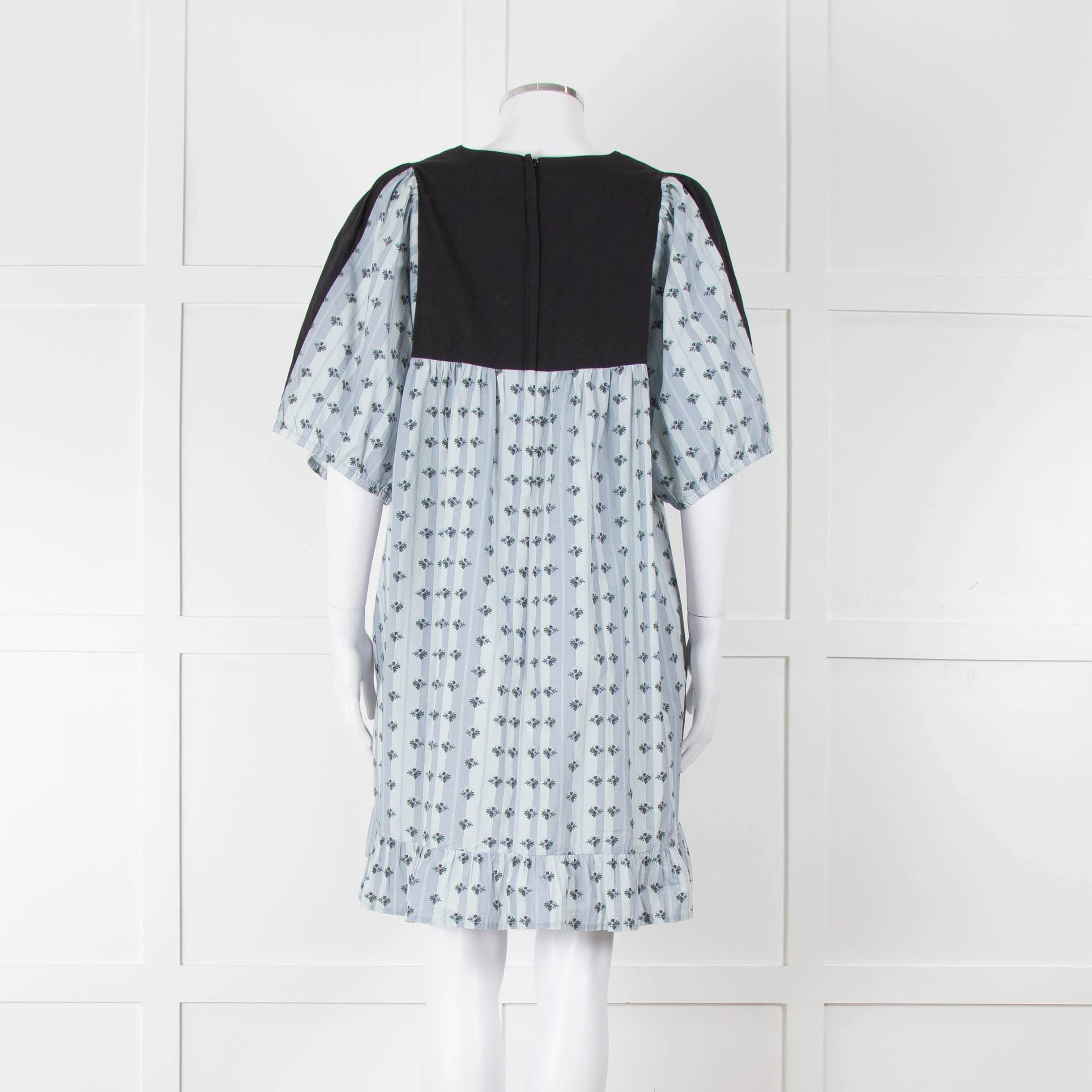 Batsheva Blue Black Floral Striped Cotton Short Dress - Image 5