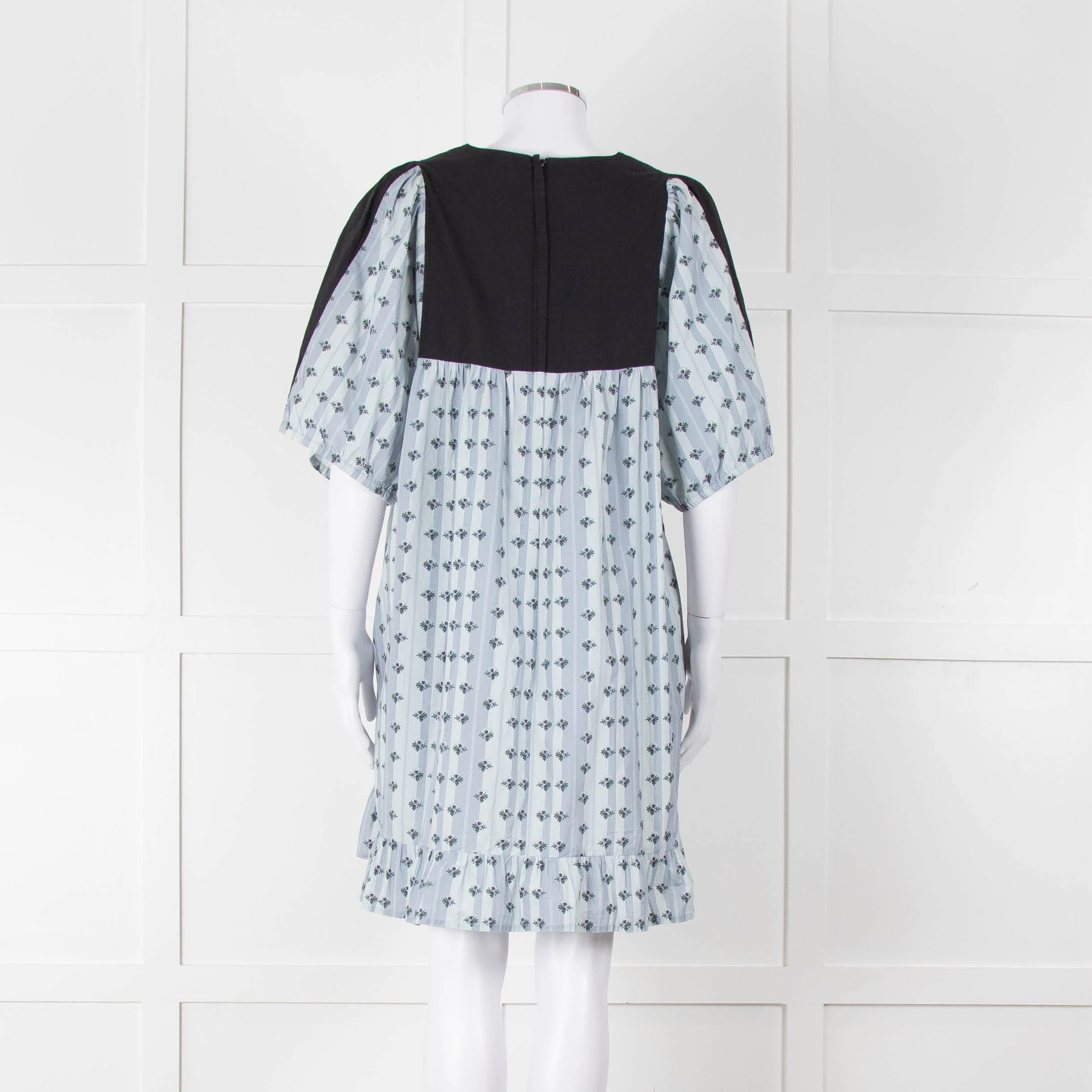 Batsheva Blue Black Floral Striped Cotton Short Dress - Image 7