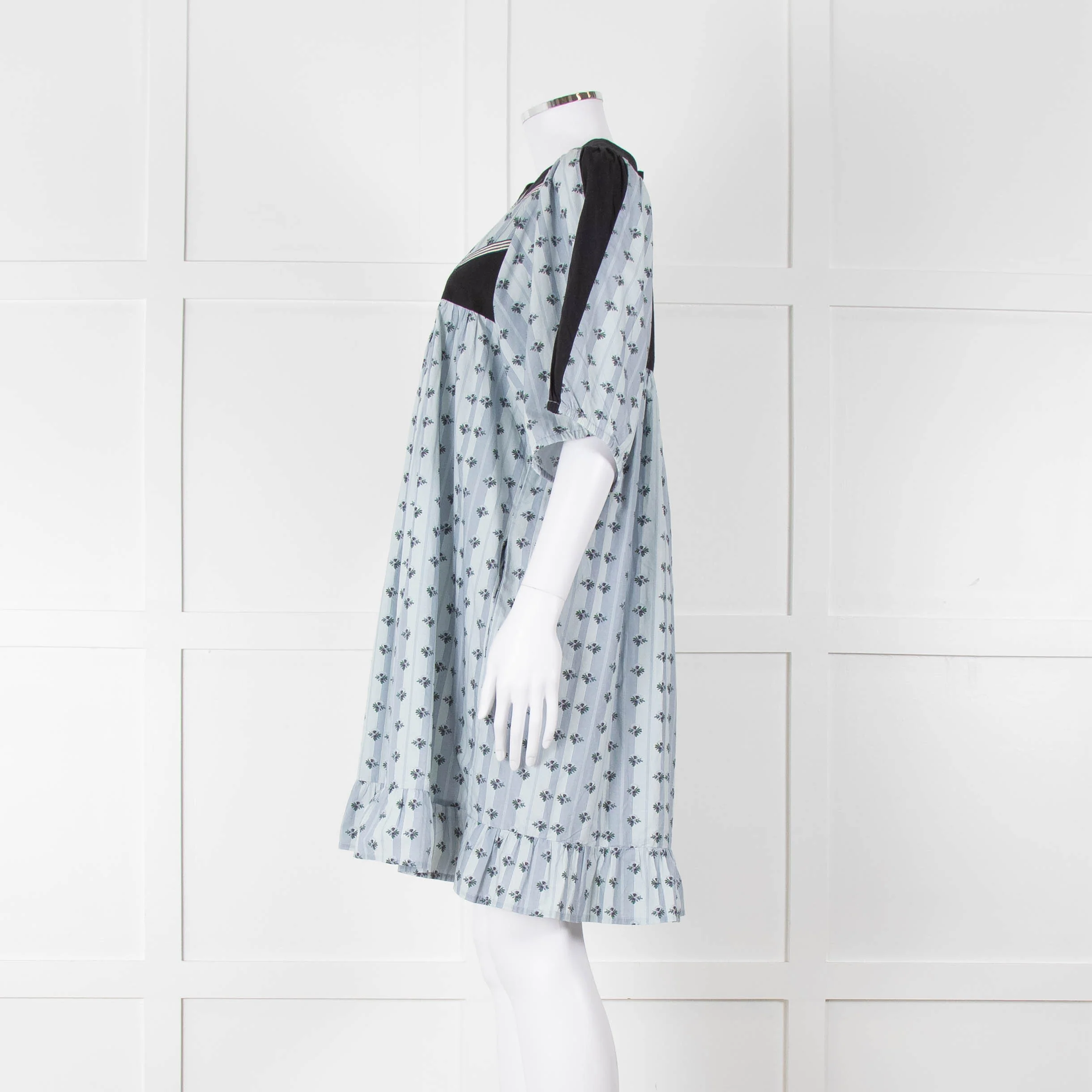 Batsheva Blue Black Floral Striped Cotton Short Dress - Image 9