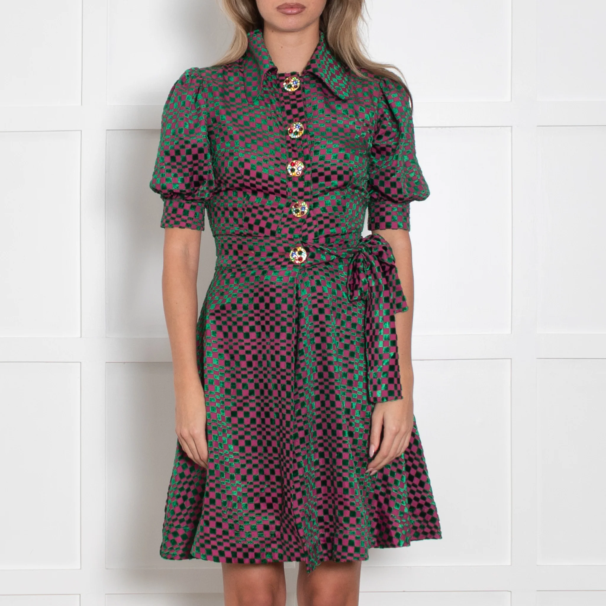 Batsheva Pink Green Devore Embellished Button Wrap Dress - Image 2