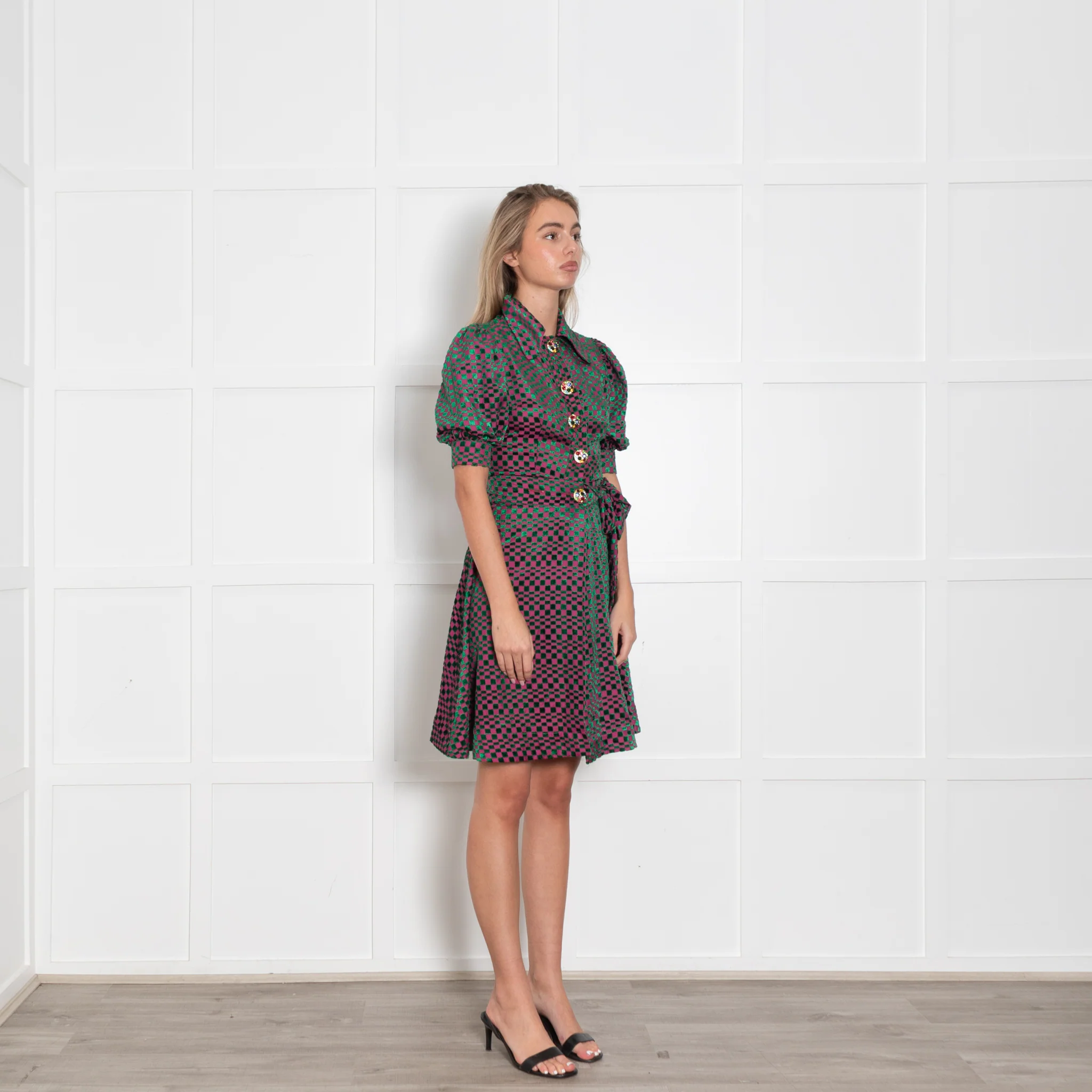 Batsheva Pink Green Devore Embellished Button Wrap Dress - Image 7