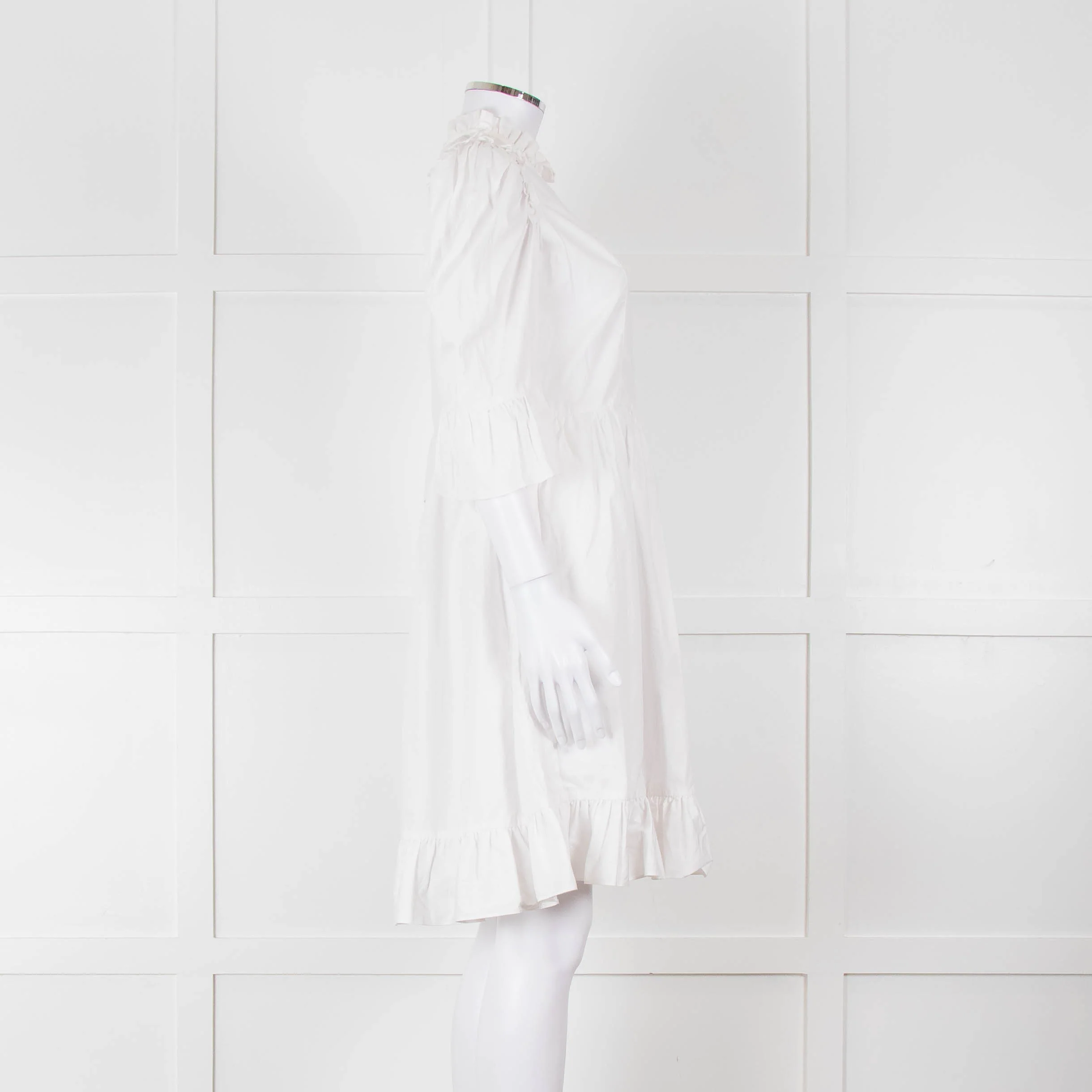 Batsheva White Cotton Frill Detail Short Sleeve Dress - Image 3