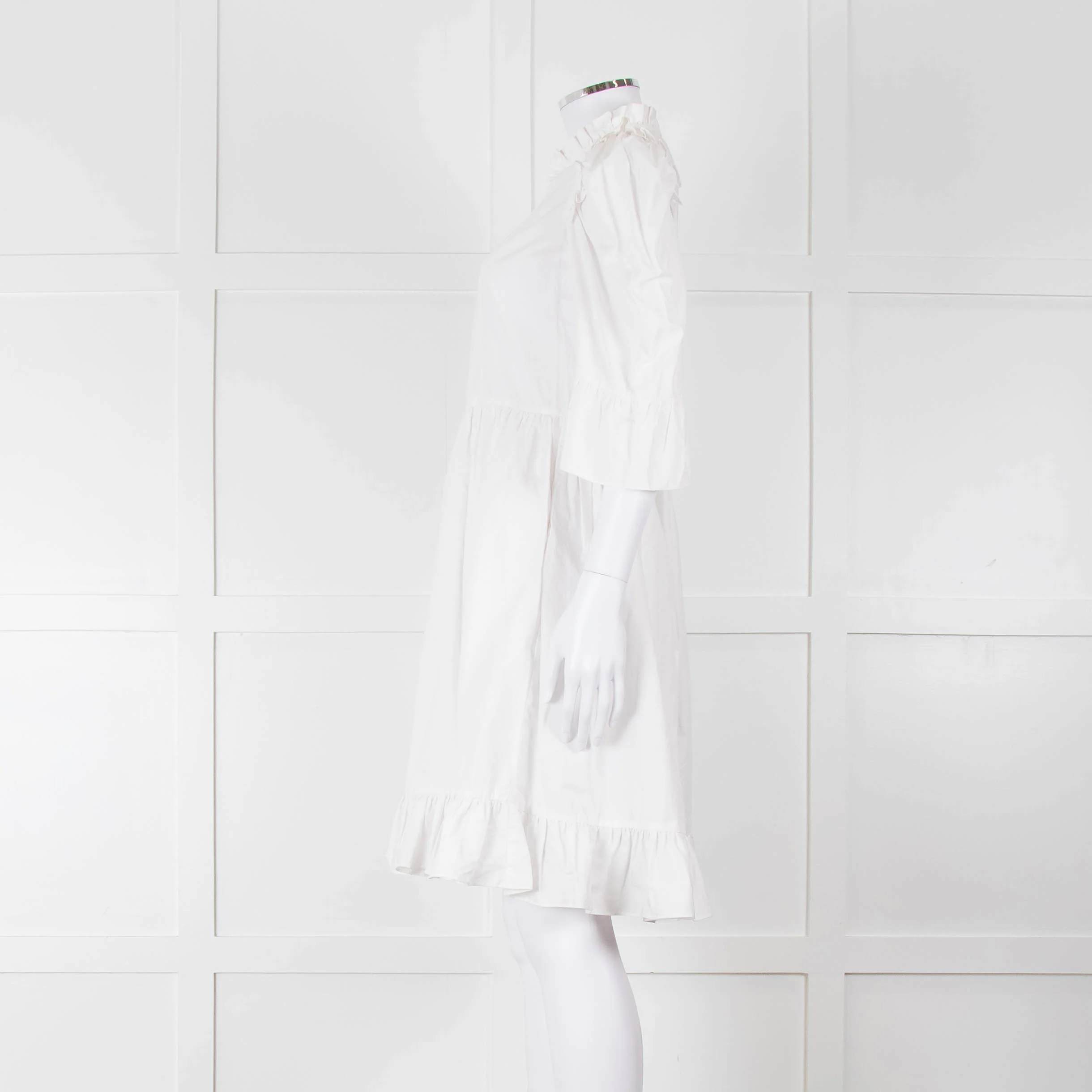 Batsheva White Cotton Frill Detail Short Sleeve Dress - Image 7