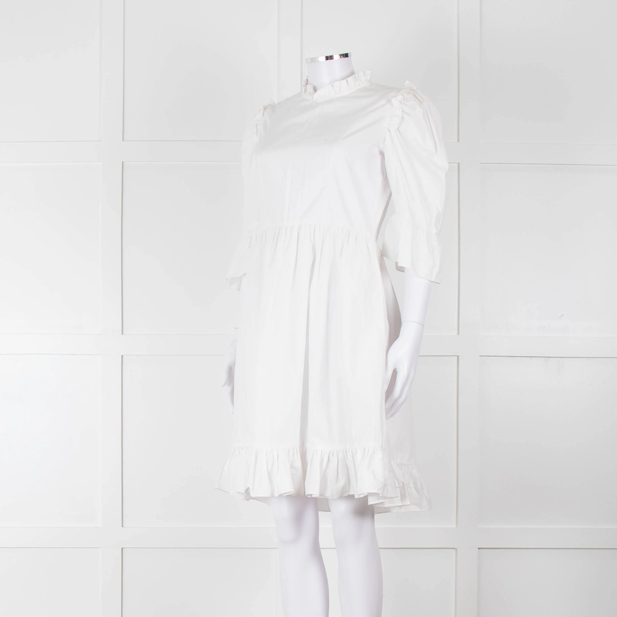 Batsheva White Cotton Frill Detail Short Sleeve Dress - Image 8