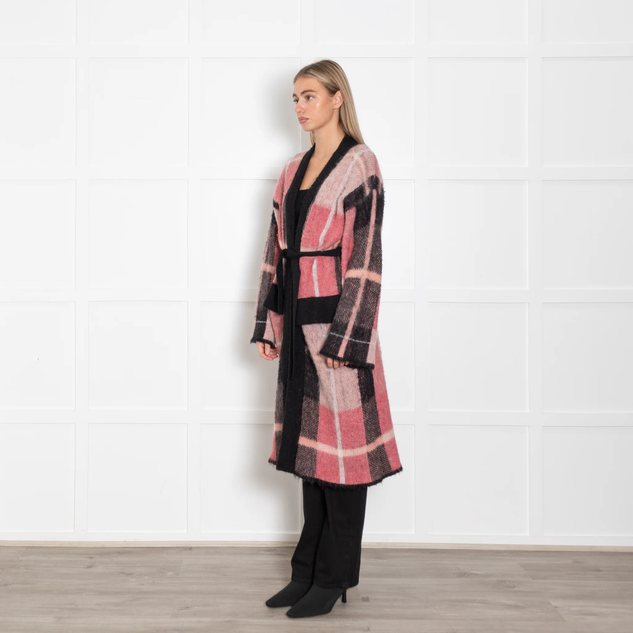 Beatrice B Pink And Grey Plaid Long Belted Cardigan - Image 3