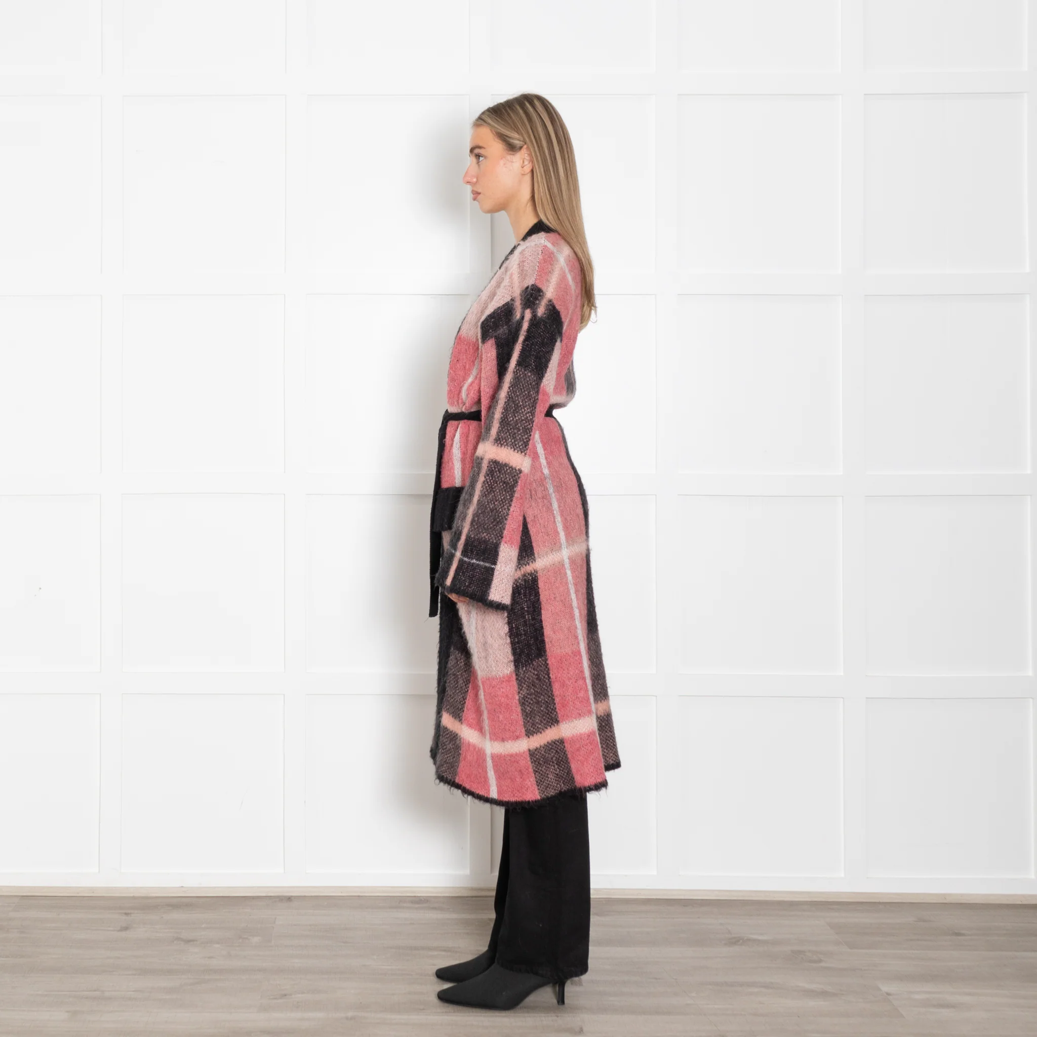 Beatrice B Pink And Grey Plaid Long Belted Cardigan - Image 4