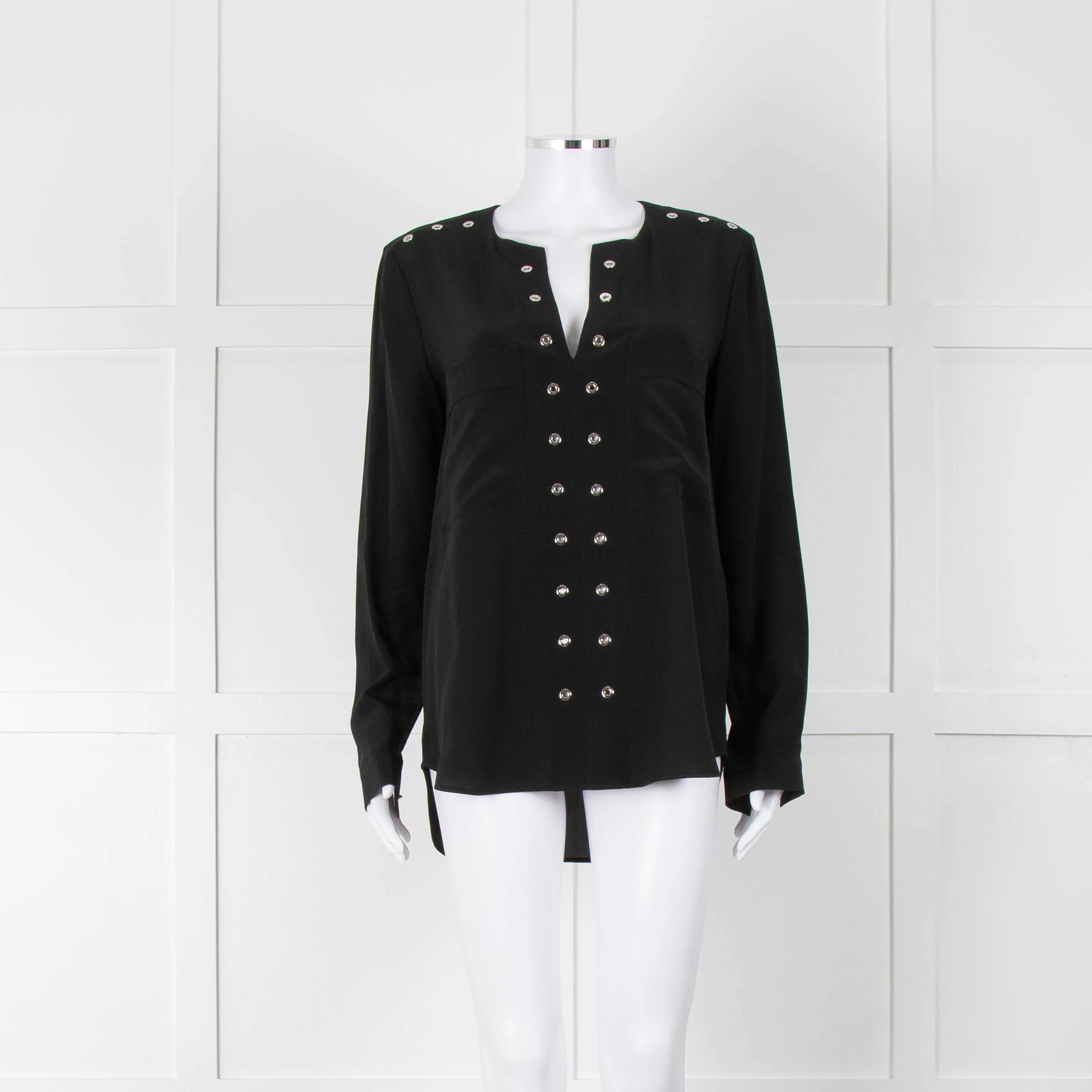 Belstaff Black Silver Eyelet Detail Silk Long Sleeve Top