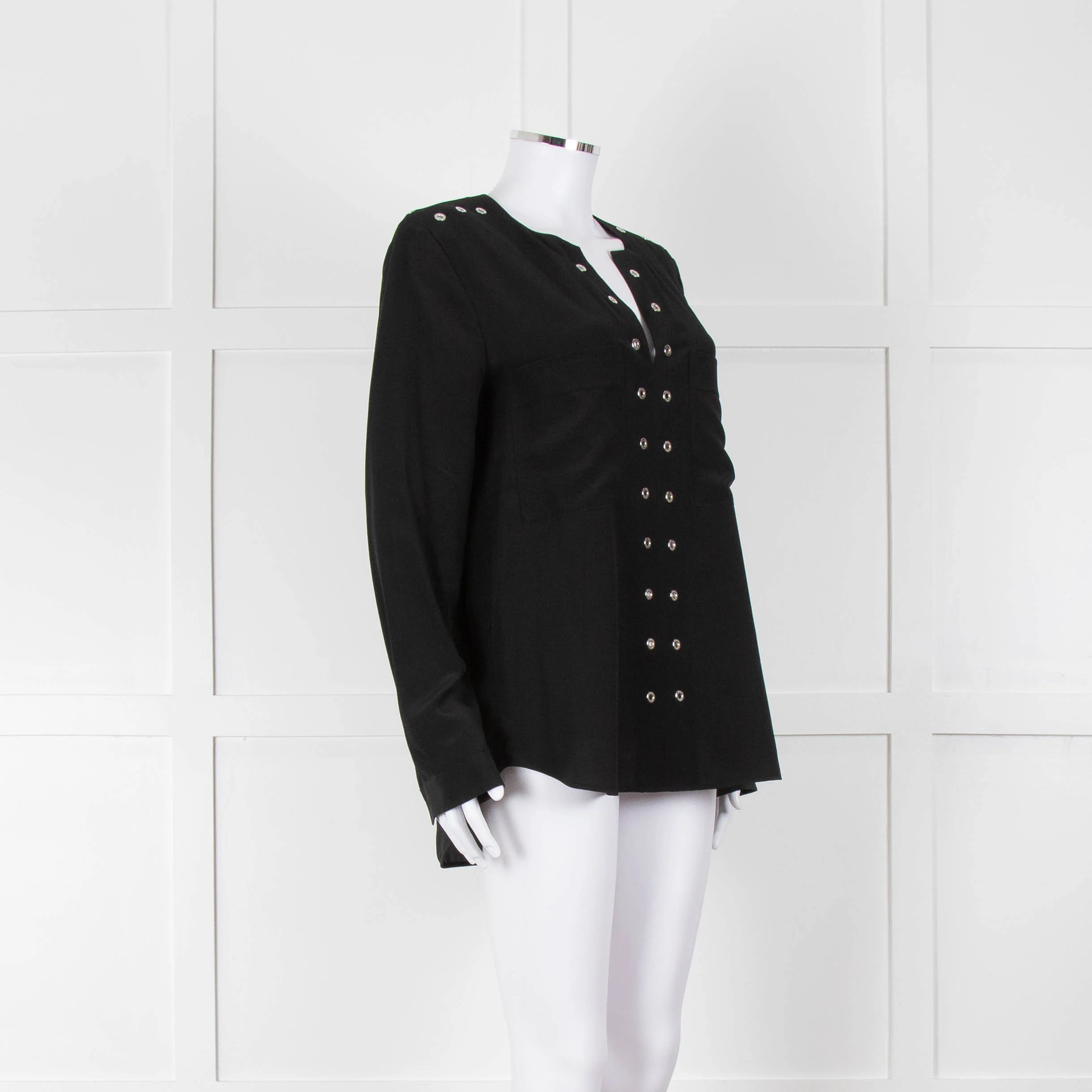Belstaff Black Silver Eyelet Detail Silk Long Sleeve Top - Image 2
