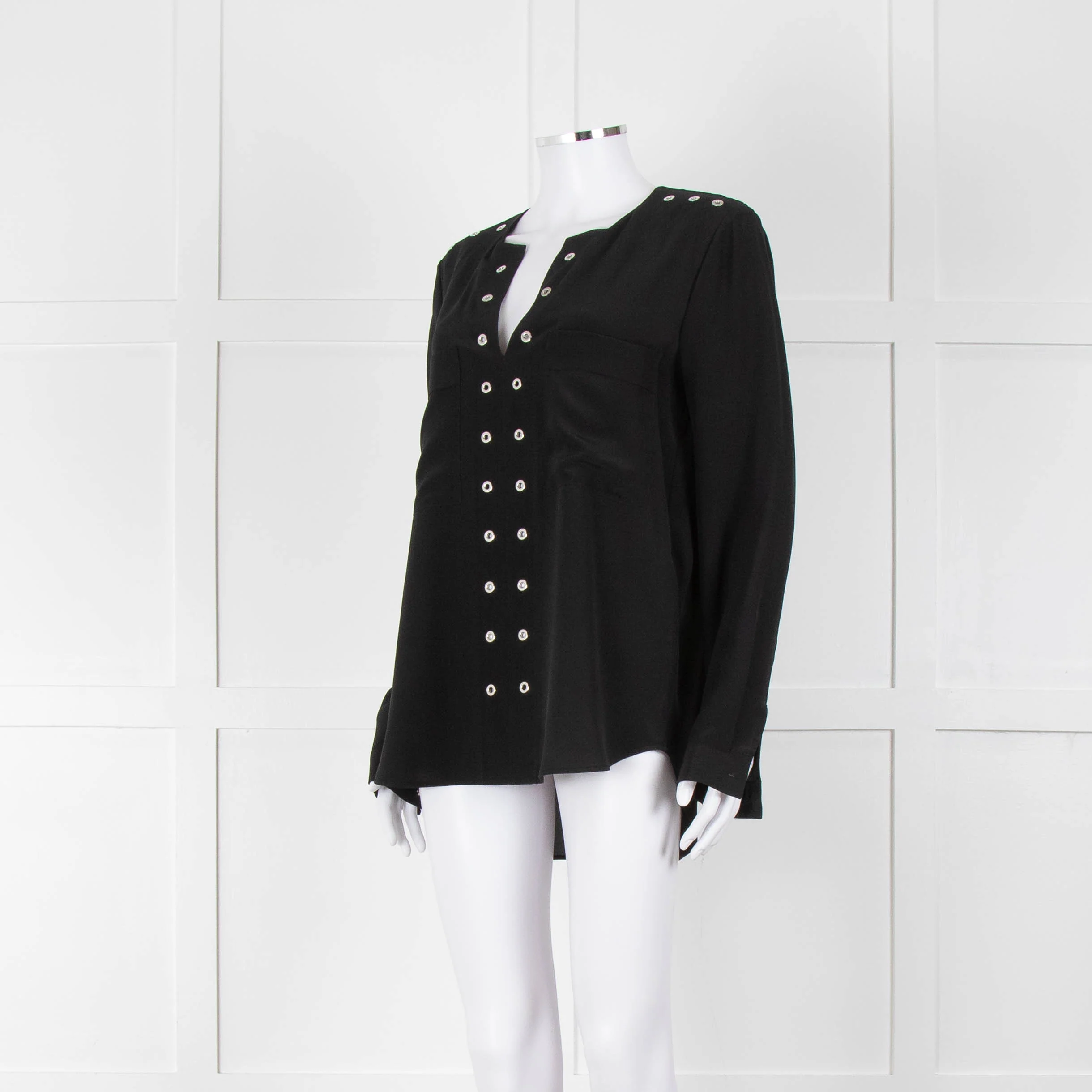 Belstaff Black Silver Eyelet Detail Silk Long Sleeve Top - Image 8