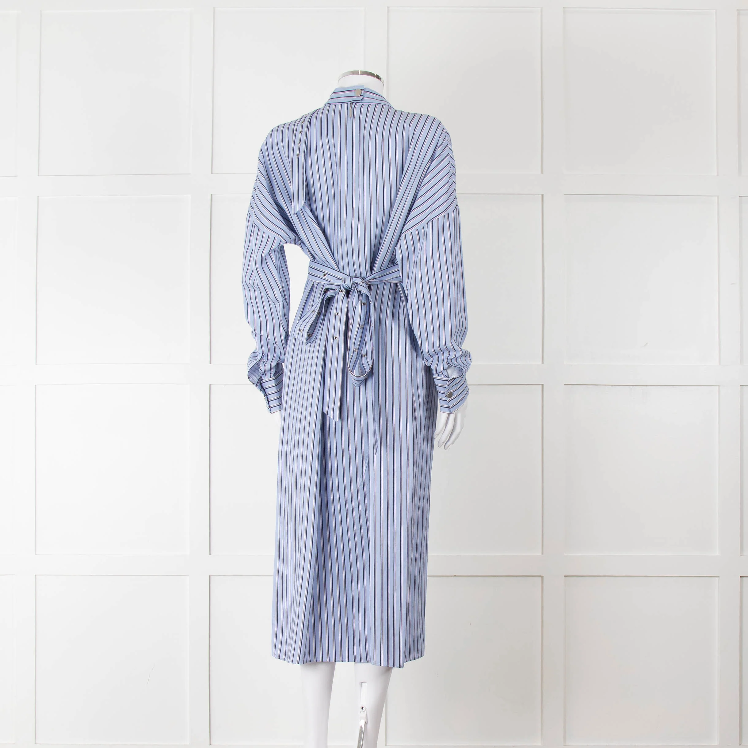 Tibi Belted Striped Poplin Midi Dress In Blue Stripe - Image 4