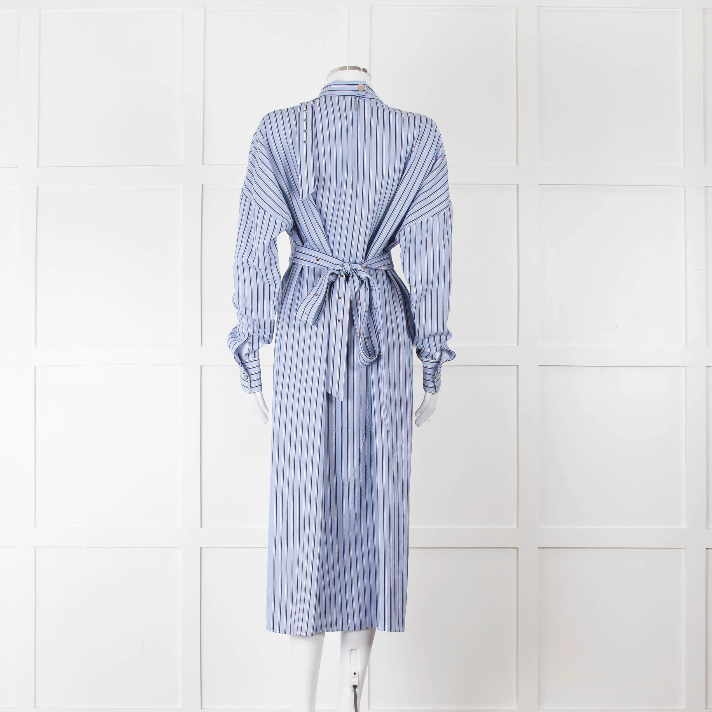 Tibi Belted Striped Poplin Midi Dress In Blue Stripe - Image 5