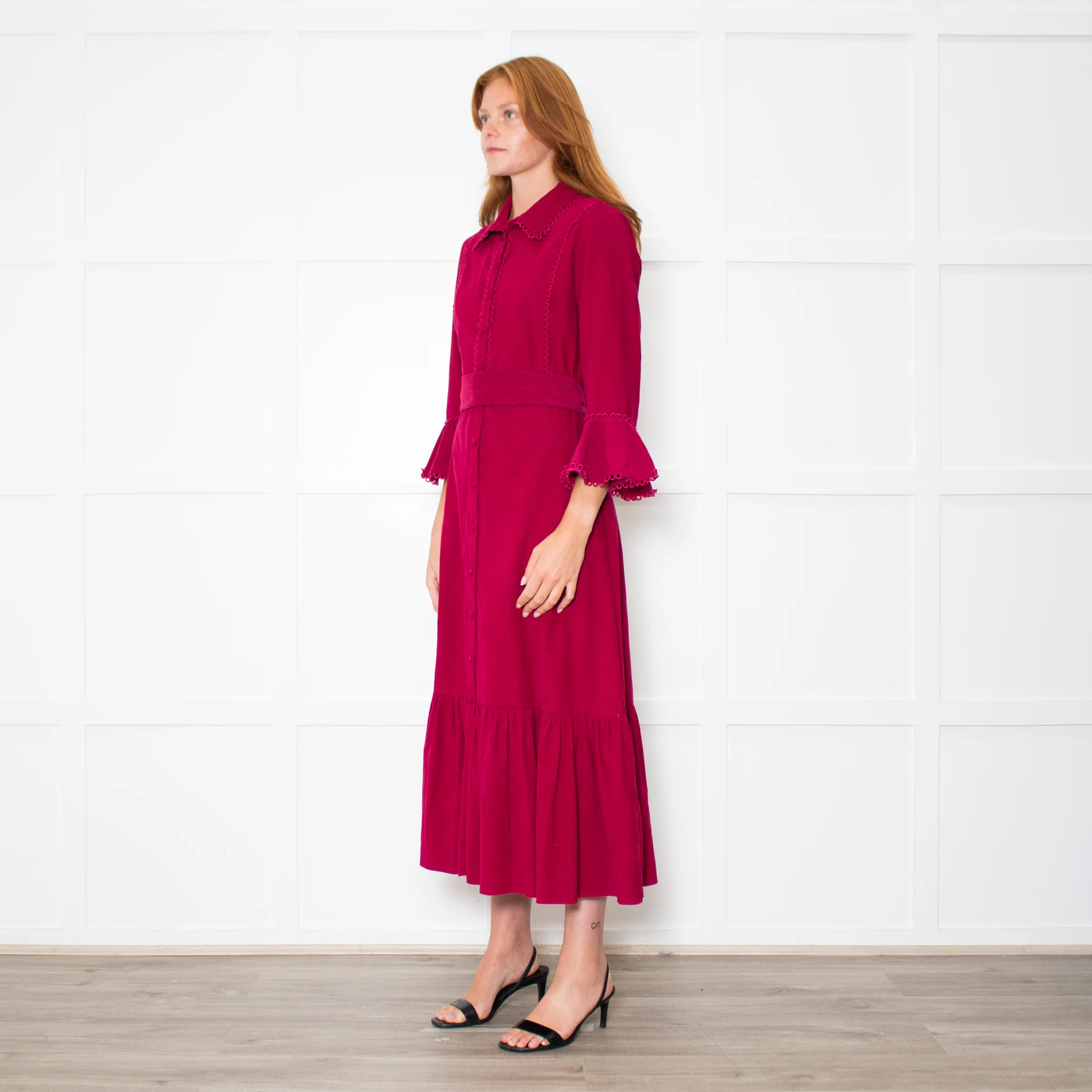Belulah Dark Pink Corduroy Tailored Bodice Long Dress - Image 3