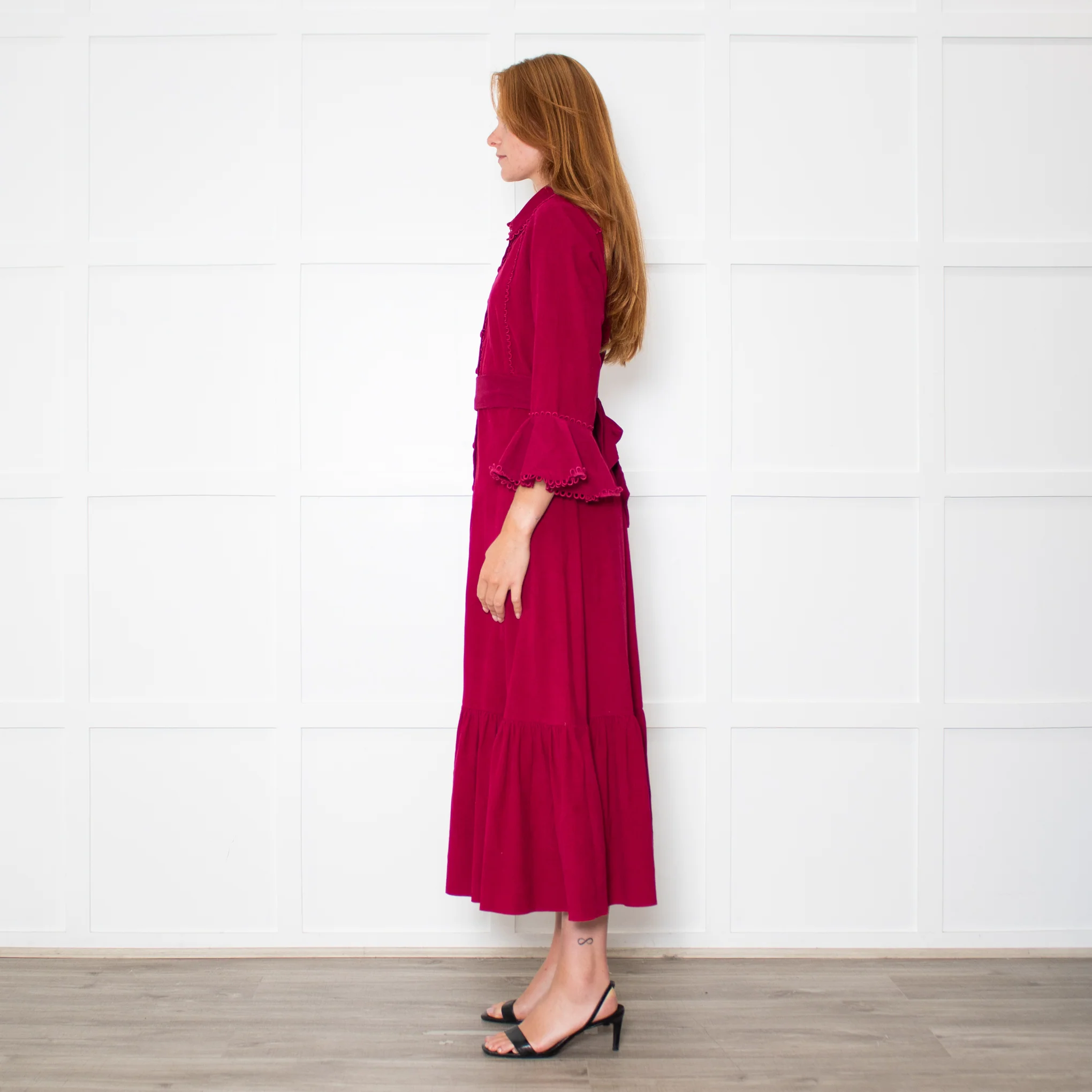 Belulah Dark Pink Corduroy Tailored Bodice Long Dress - Image 4