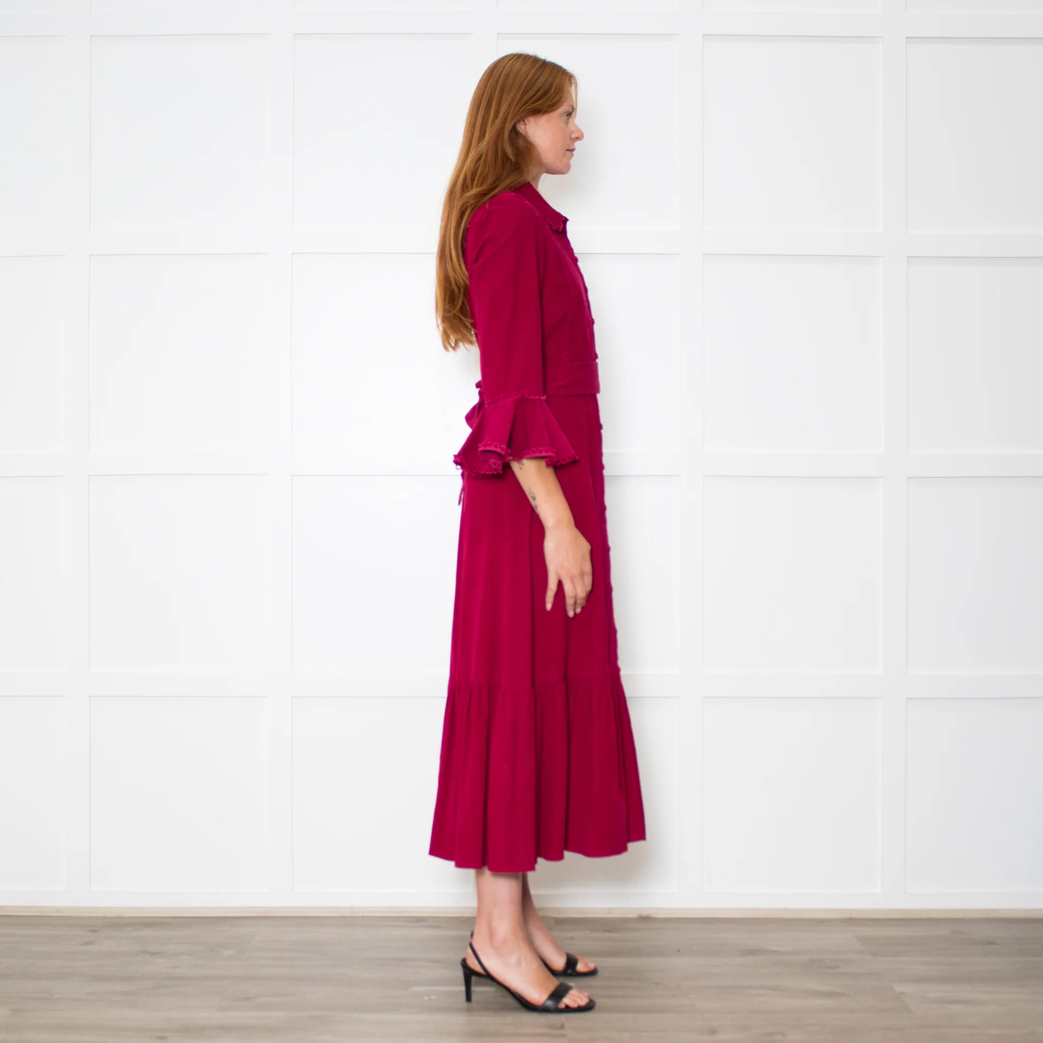 Belulah Dark Pink Corduroy Tailored Bodice Long Dress - Image 6
