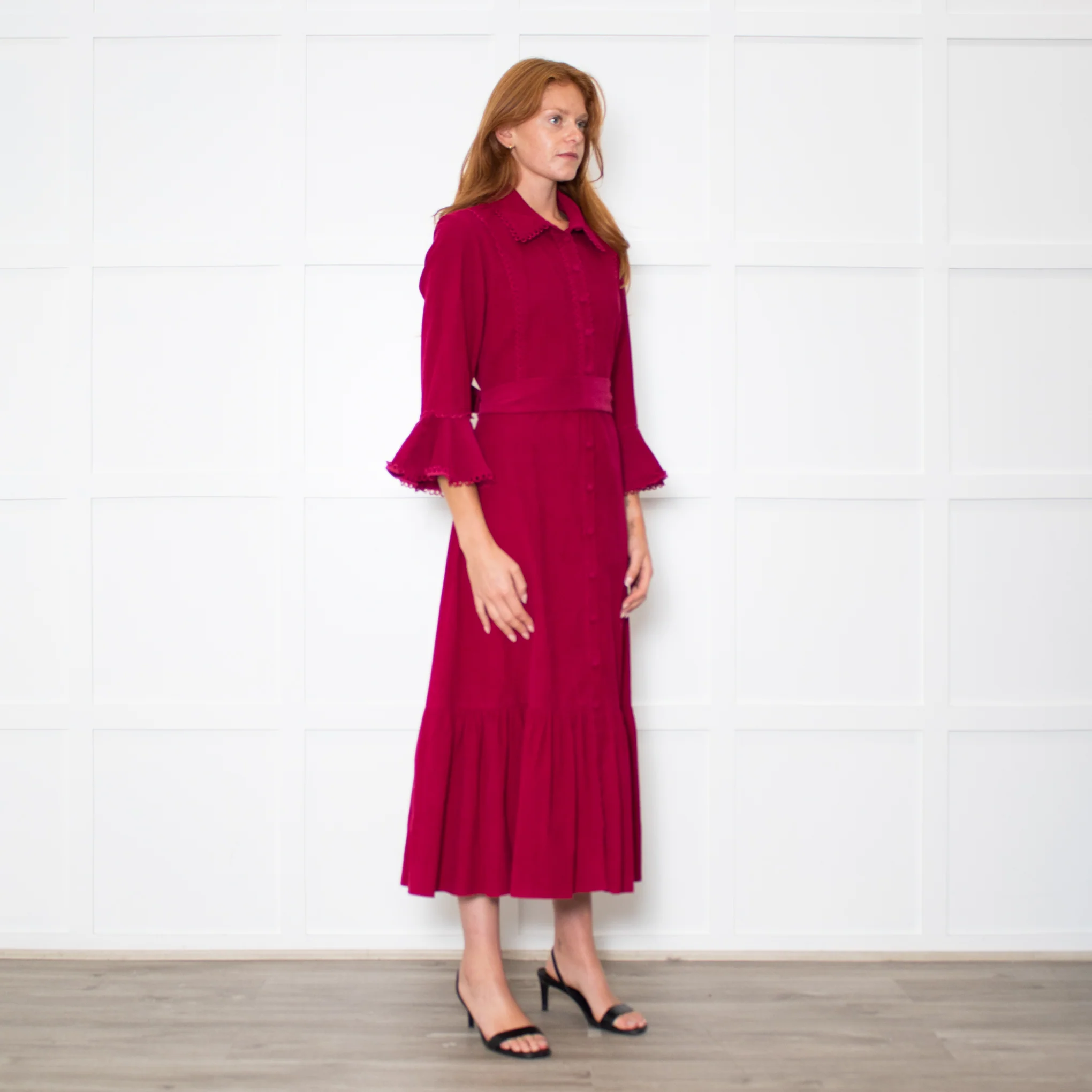 Belulah Dark Pink Corduroy Tailored Bodice Long Dress - Image 7