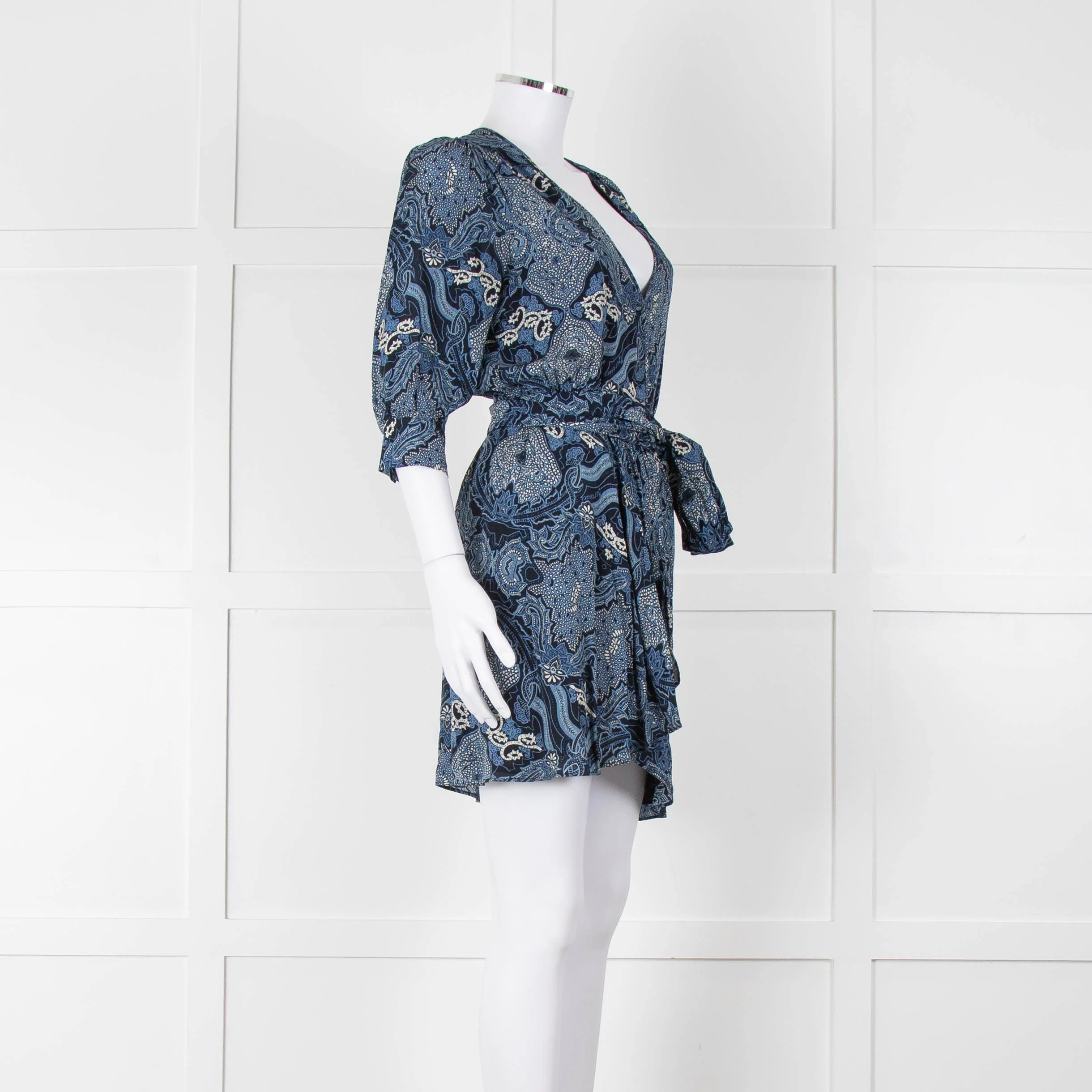 Berenice Navy Blue White Paisley Print Short Sleeve Wrap Mini Dress - Image 2