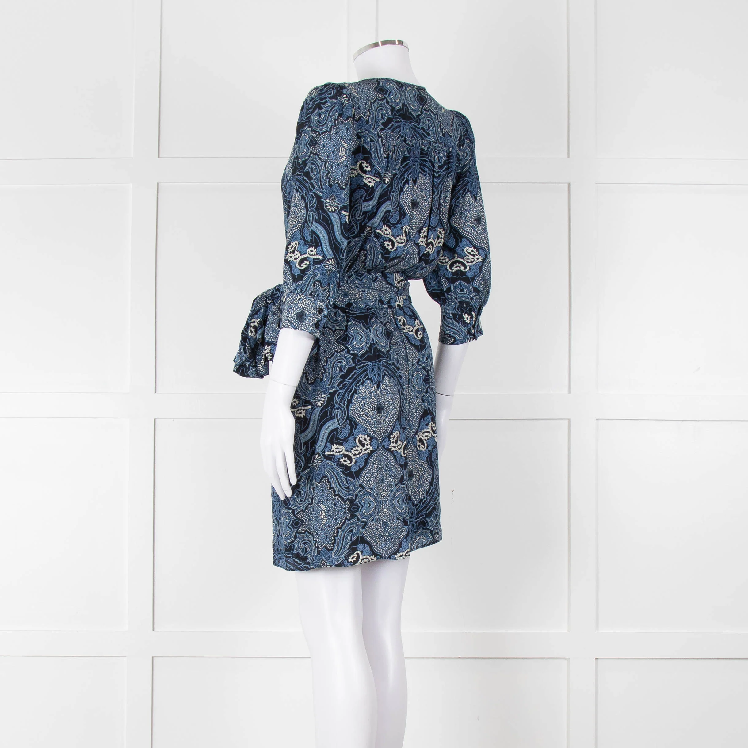 Berenice Navy Blue White Paisley Print Short Sleeve Wrap Mini Dress - Image 6