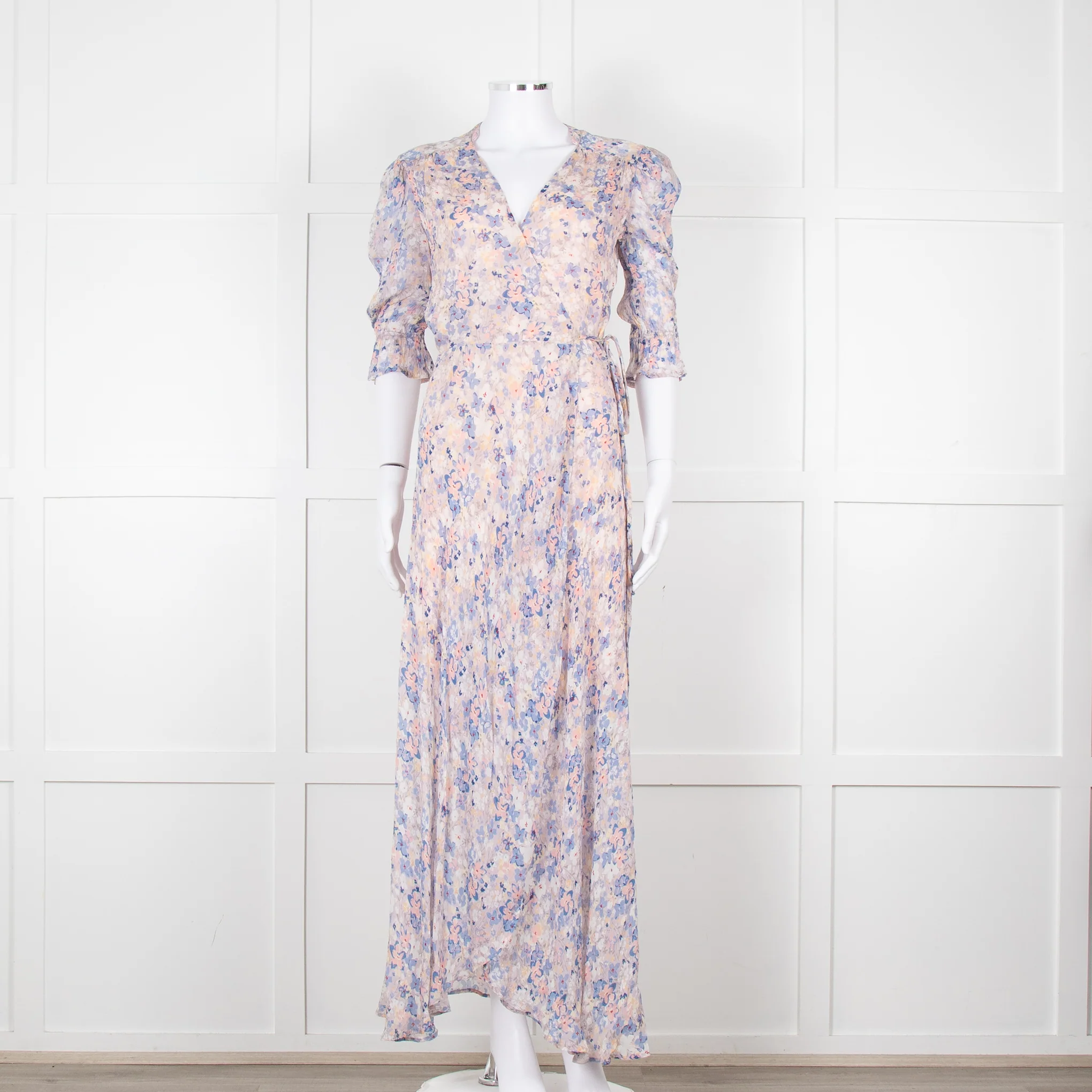 Berenice Pale Pink Blue Floral Frill Detail Wrap Dress