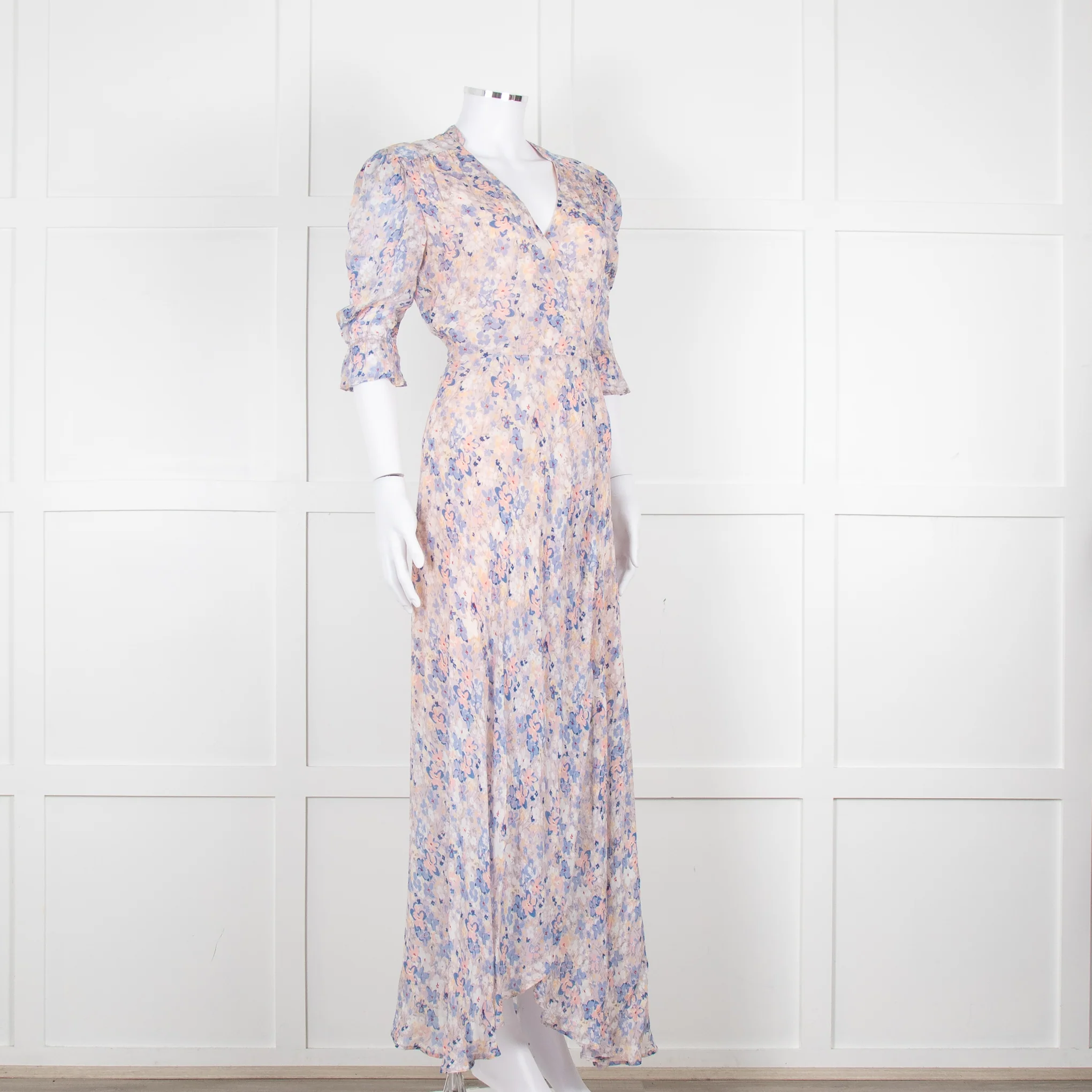 Berenice Pale Pink Blue Floral Frill Detail Wrap Dress - Image 2