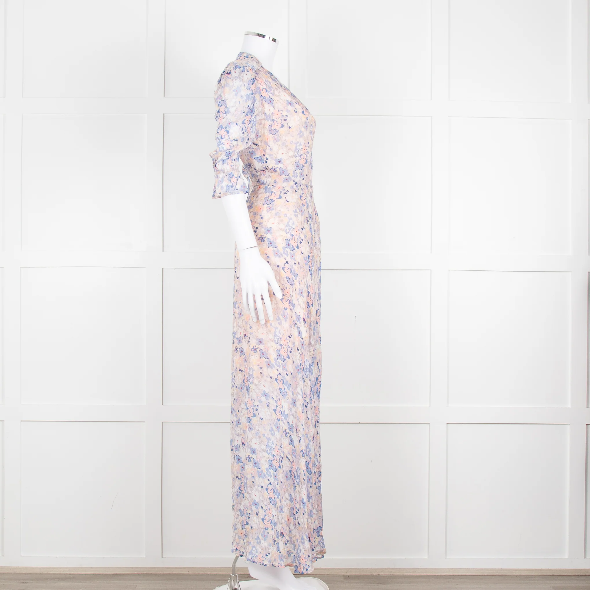 Berenice Pale Pink Blue Floral Frill Detail Wrap Dress - Image 3