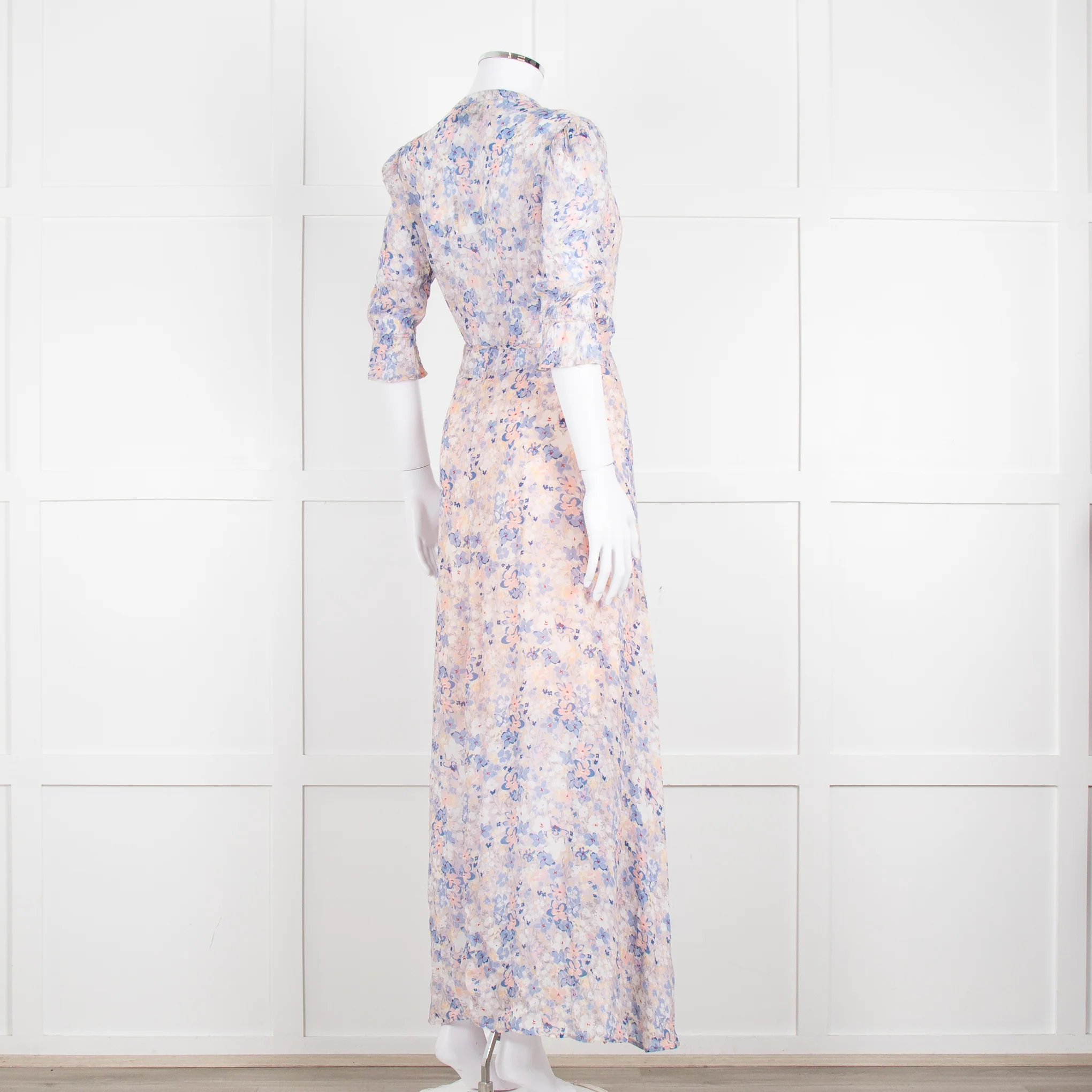 Berenice Pale Pink Blue Floral Frill Detail Wrap Dress - Image 4