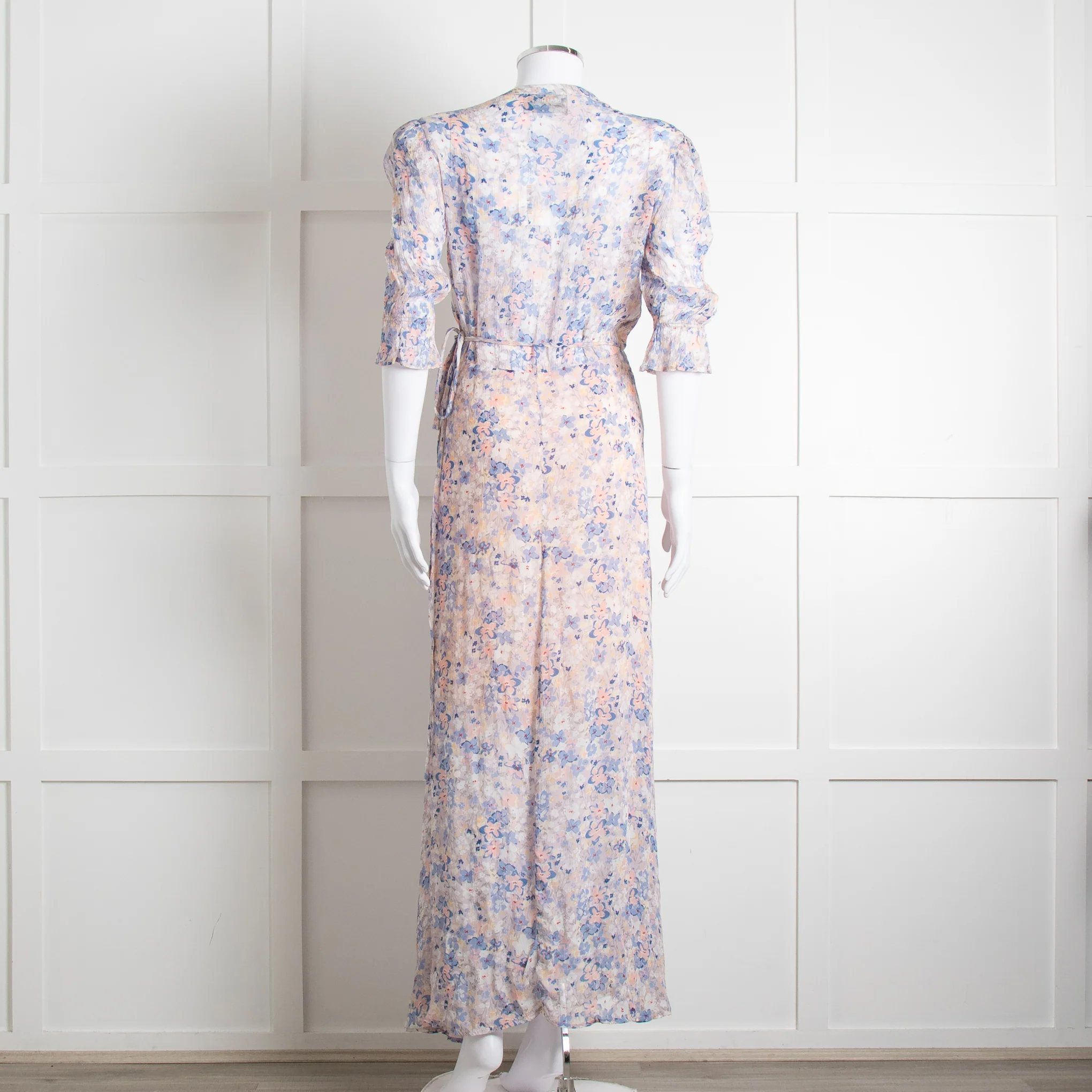 Berenice Pale Pink Blue Floral Frill Detail Wrap Dress - Image 5