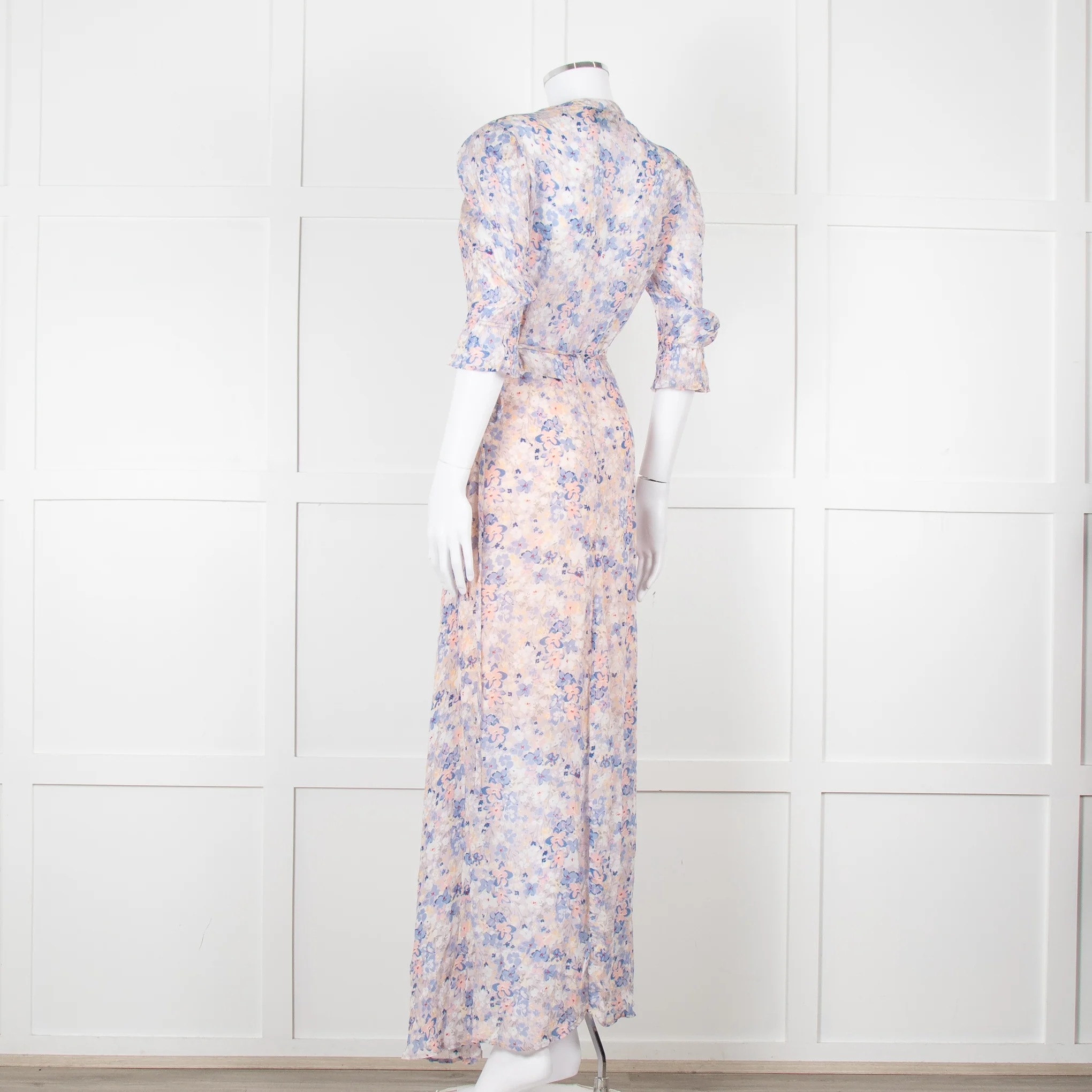 Berenice Pale Pink Blue Floral Frill Detail Wrap Dress - Image 6