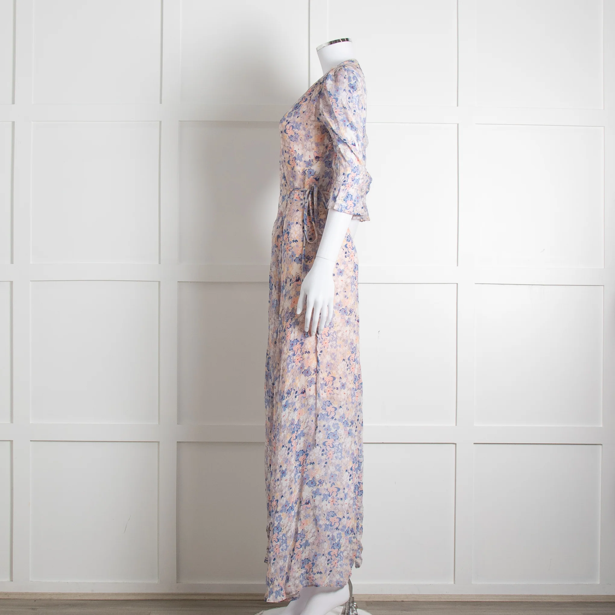 Berenice Pale Pink Blue Floral Frill Detail Wrap Dress - Image 7