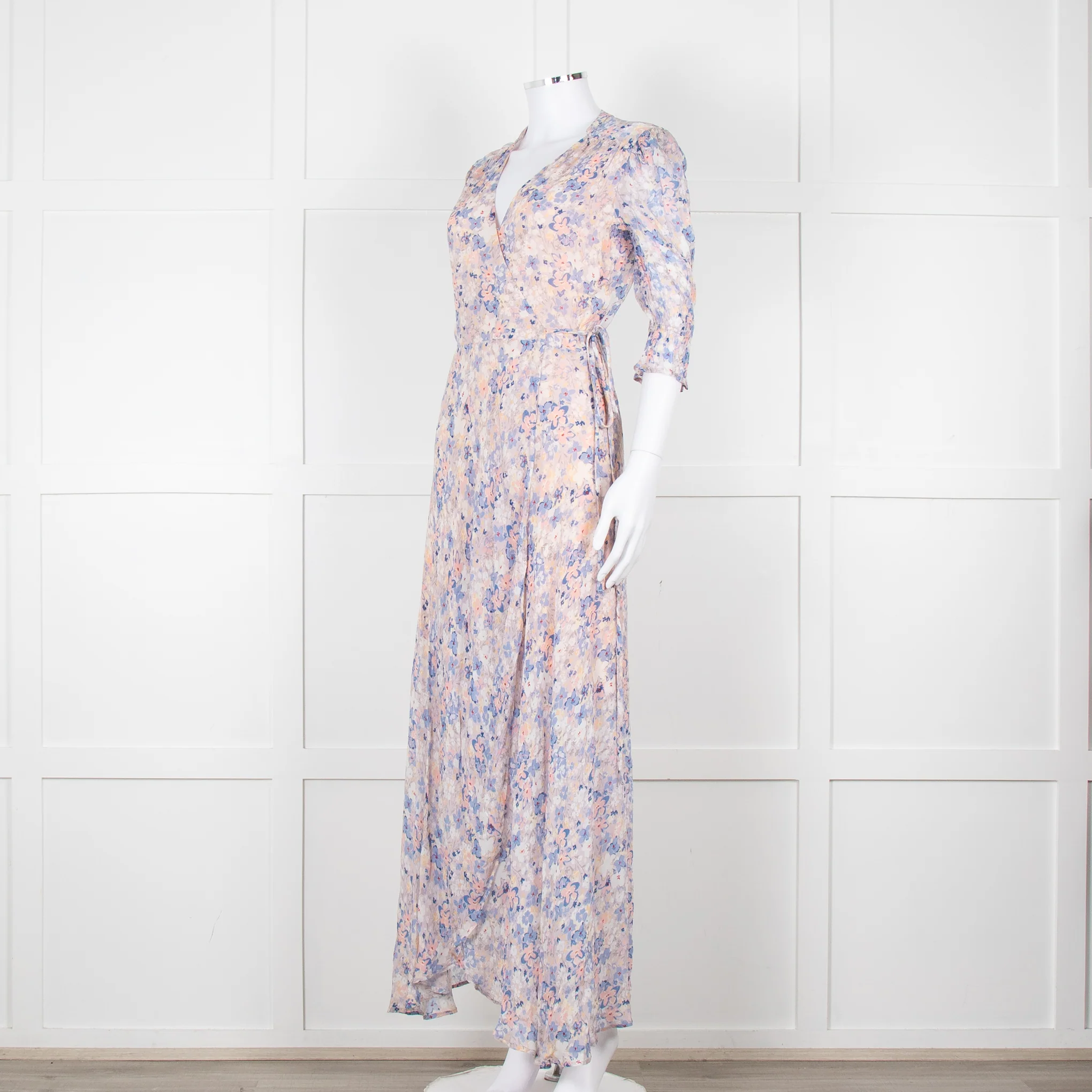 Berenice Pale Pink Blue Floral Frill Detail Wrap Dress - Image 8