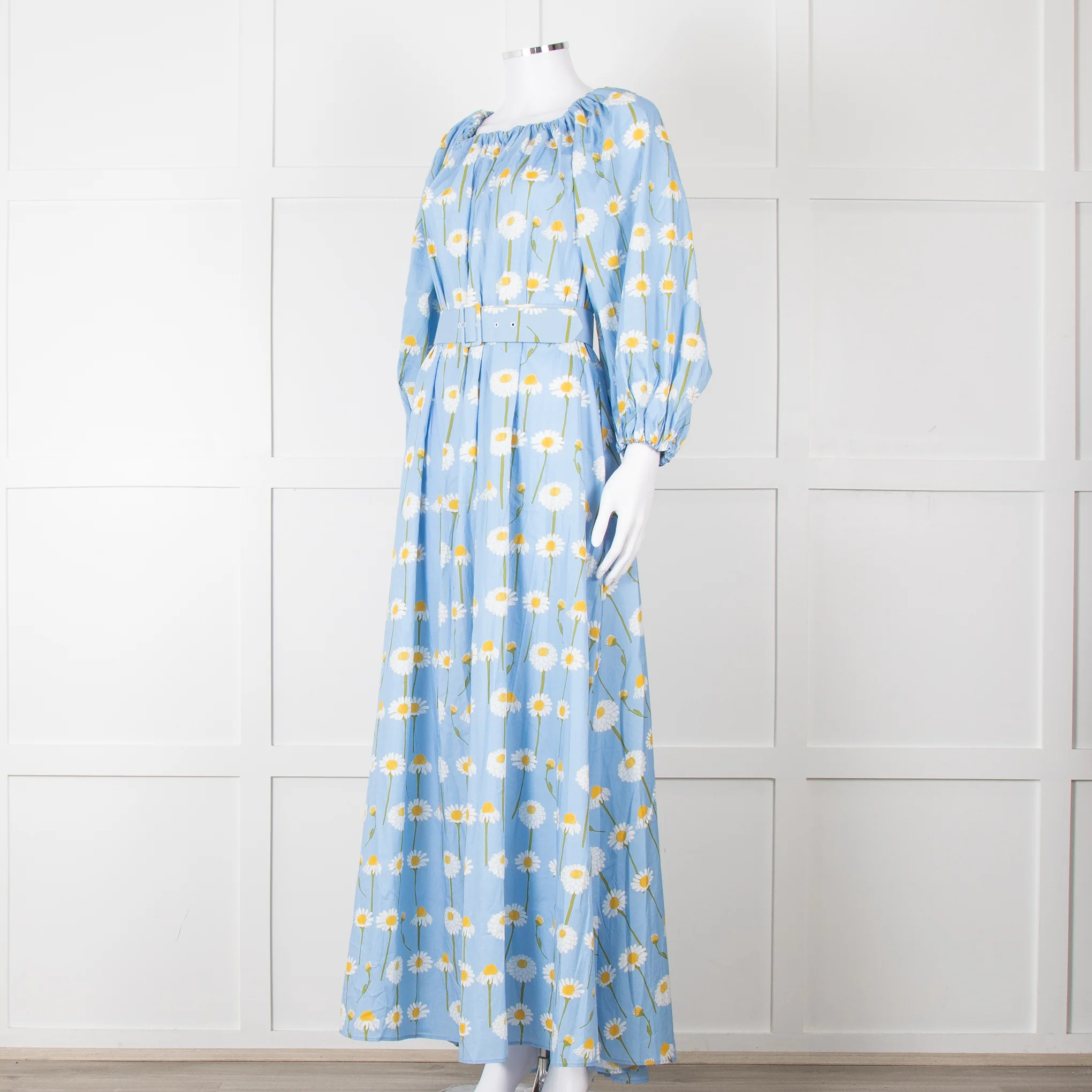 Bernadette Blue Cotton Daisy Print Off Shoulder Dress with Belt - Image 2