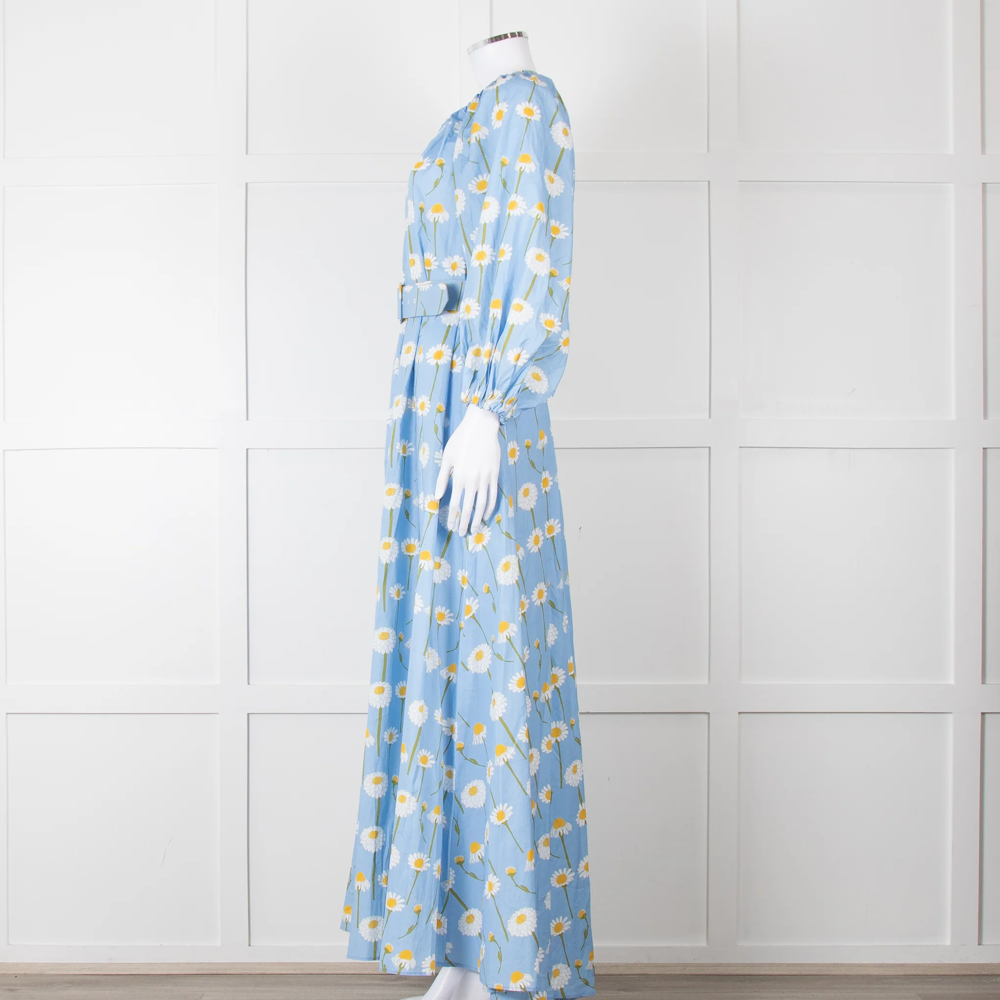 Bernadette Blue Cotton Daisy Print Off Shoulder Dress with Belt - Image 3