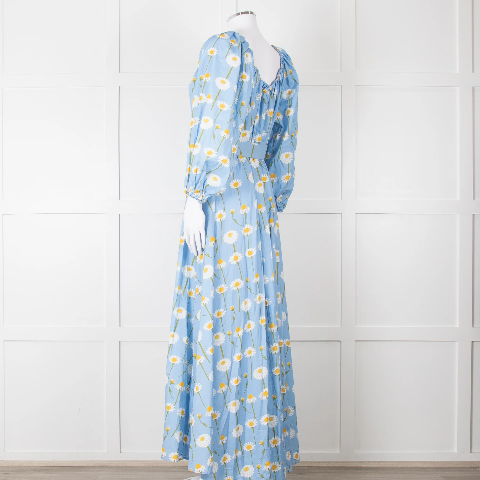 Bernadette Blue Cotton Daisy Print Off Shoulder Dress with Belt - Image 4