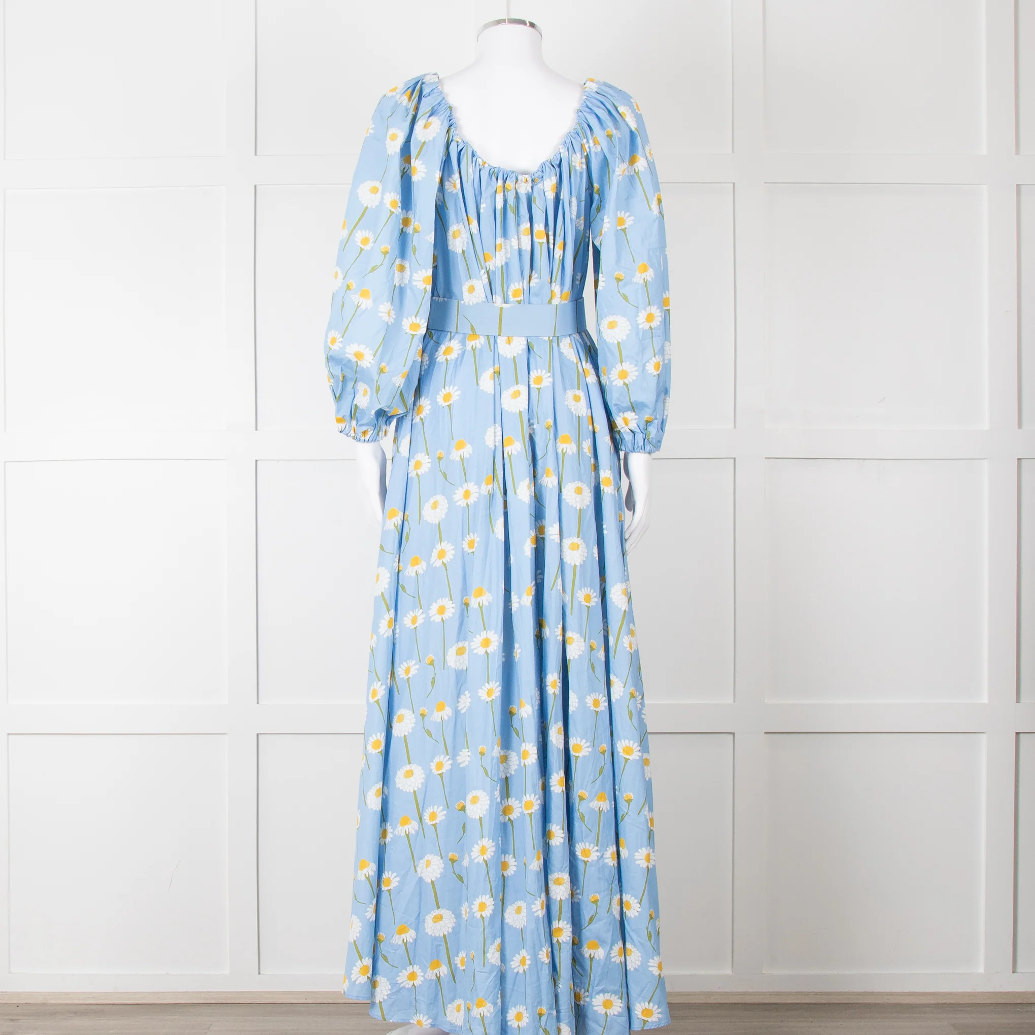 Bernadette Blue Cotton Daisy Print Off Shoulder Dress with Belt - Image 5