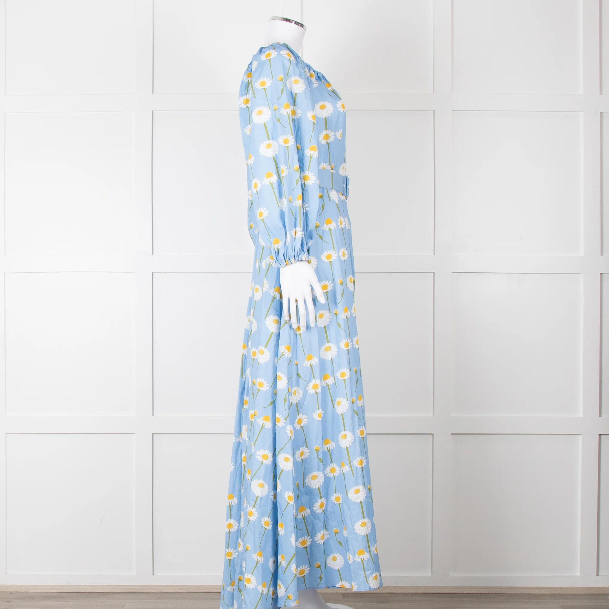Bernadette Blue Cotton Daisy Print Off Shoulder Dress with Belt - Image 7