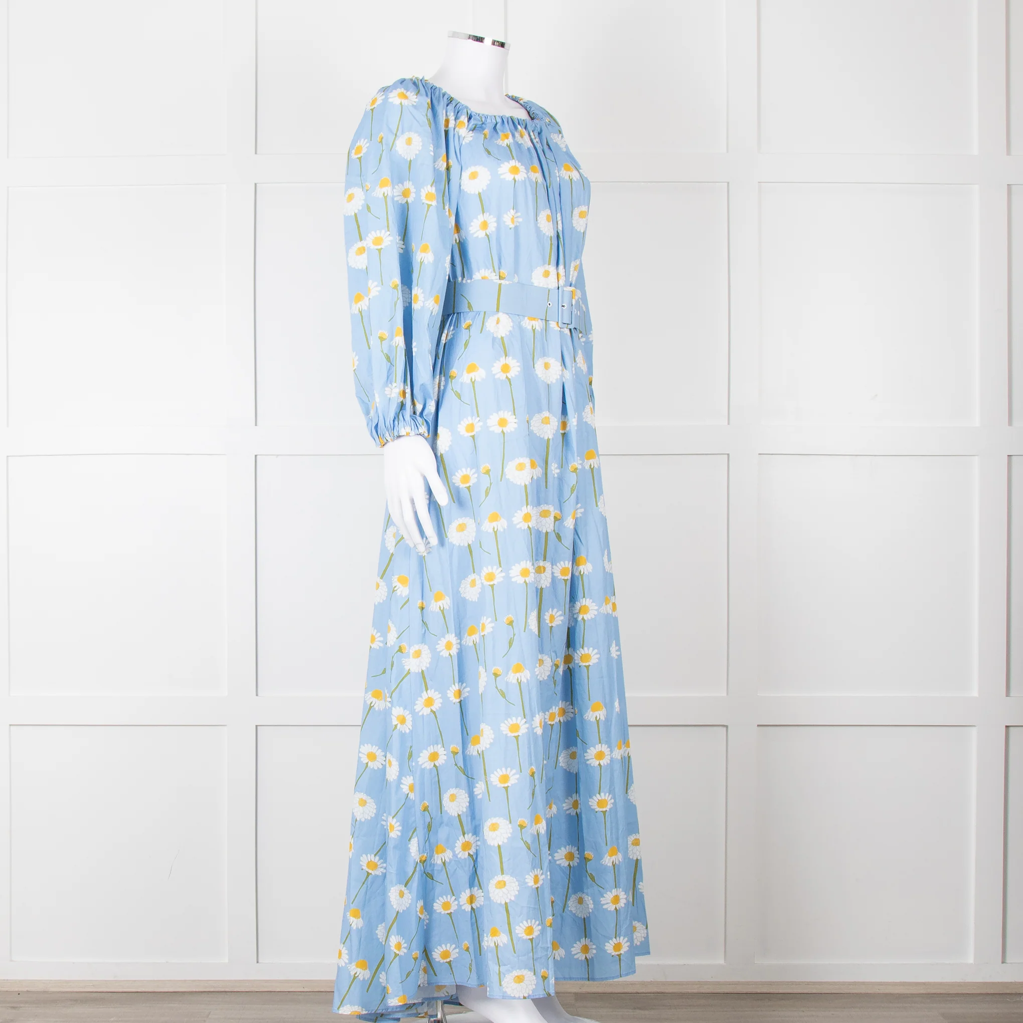 Bernadette Blue Cotton Daisy Print Off Shoulder Dress with Belt - Image 8