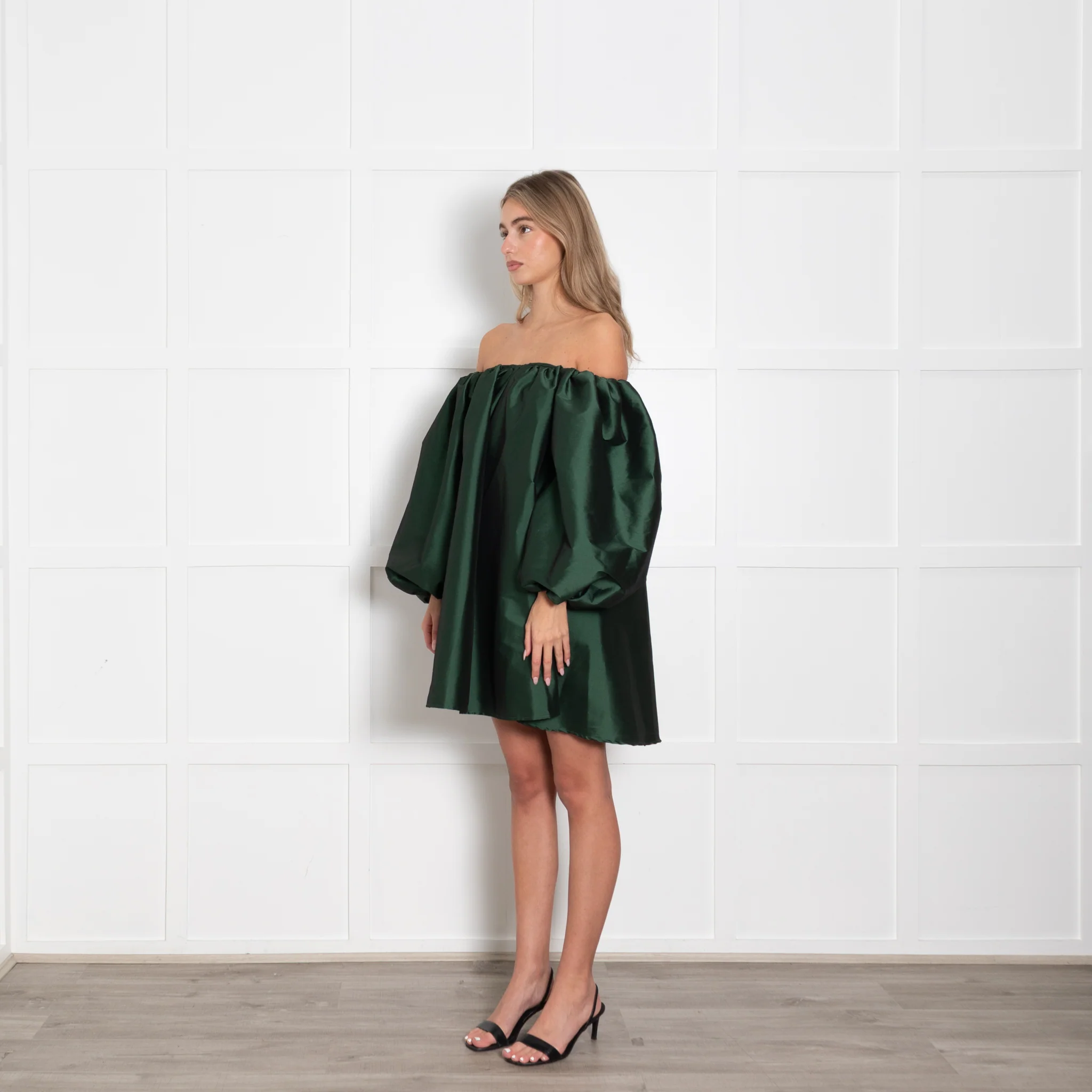 Bernadette Green Taffeta Oversized Off The Shoulder Short Dress - Image 3