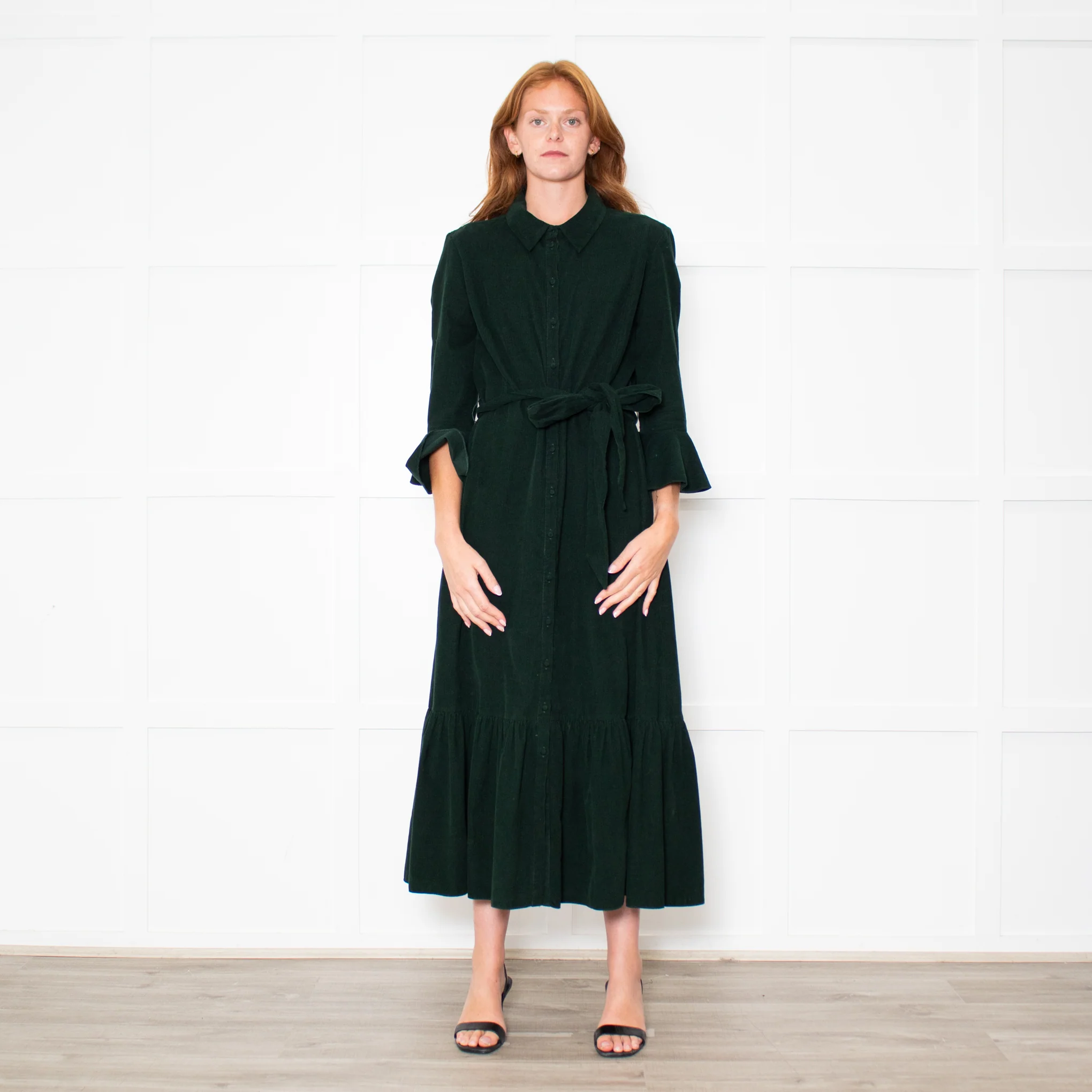 Beulah Bottle Green Corduroy Buttoned Up Belted Long Dress