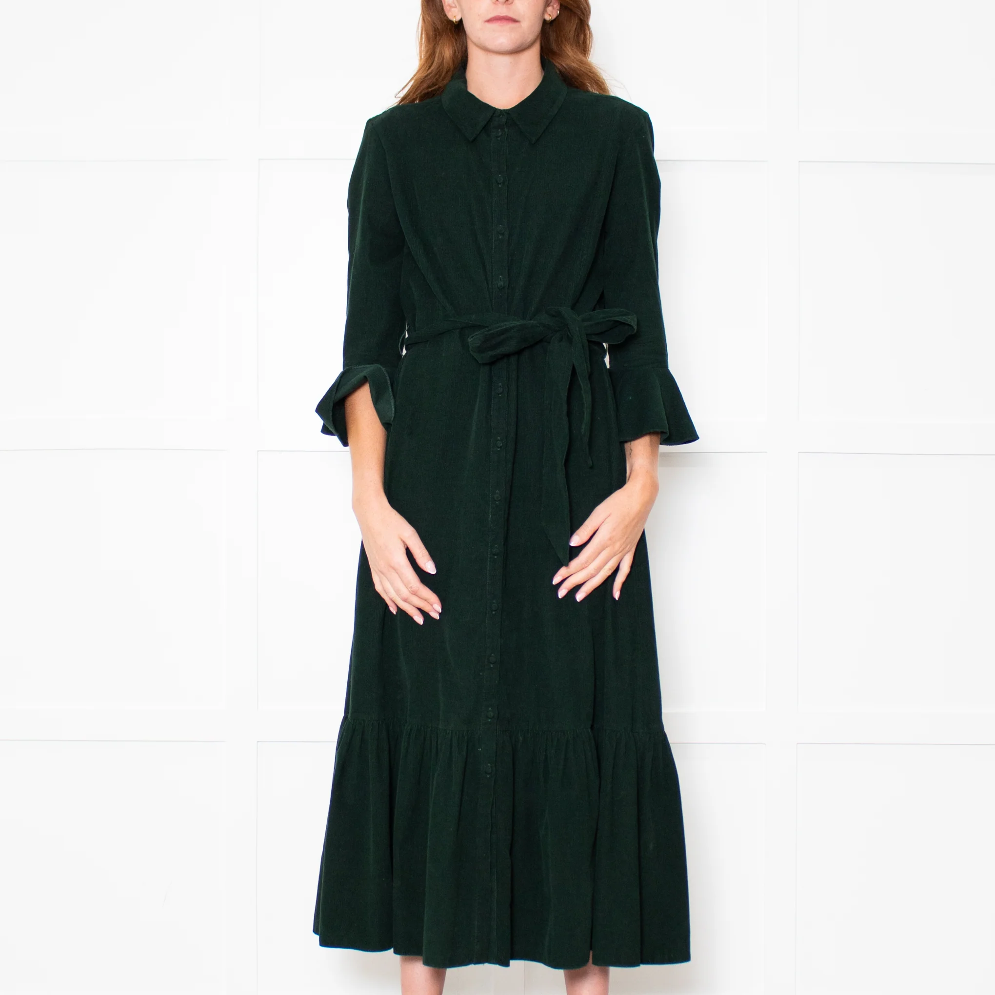 Beulah Bottle Green Corduroy Buttoned Up Belted Long Dress - Image 2