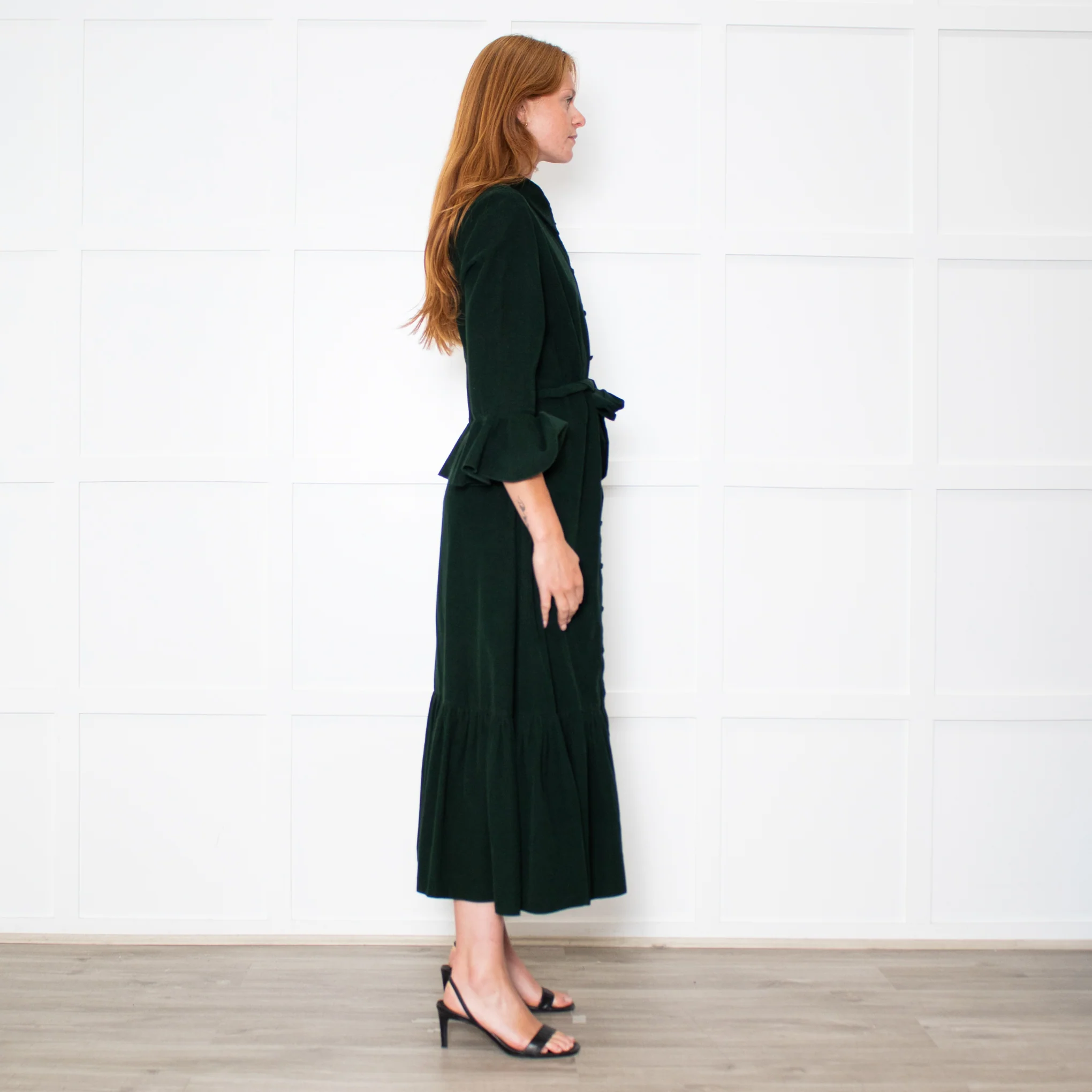Beulah Bottle Green Corduroy Buttoned Up Belted Long Dress - Image 6