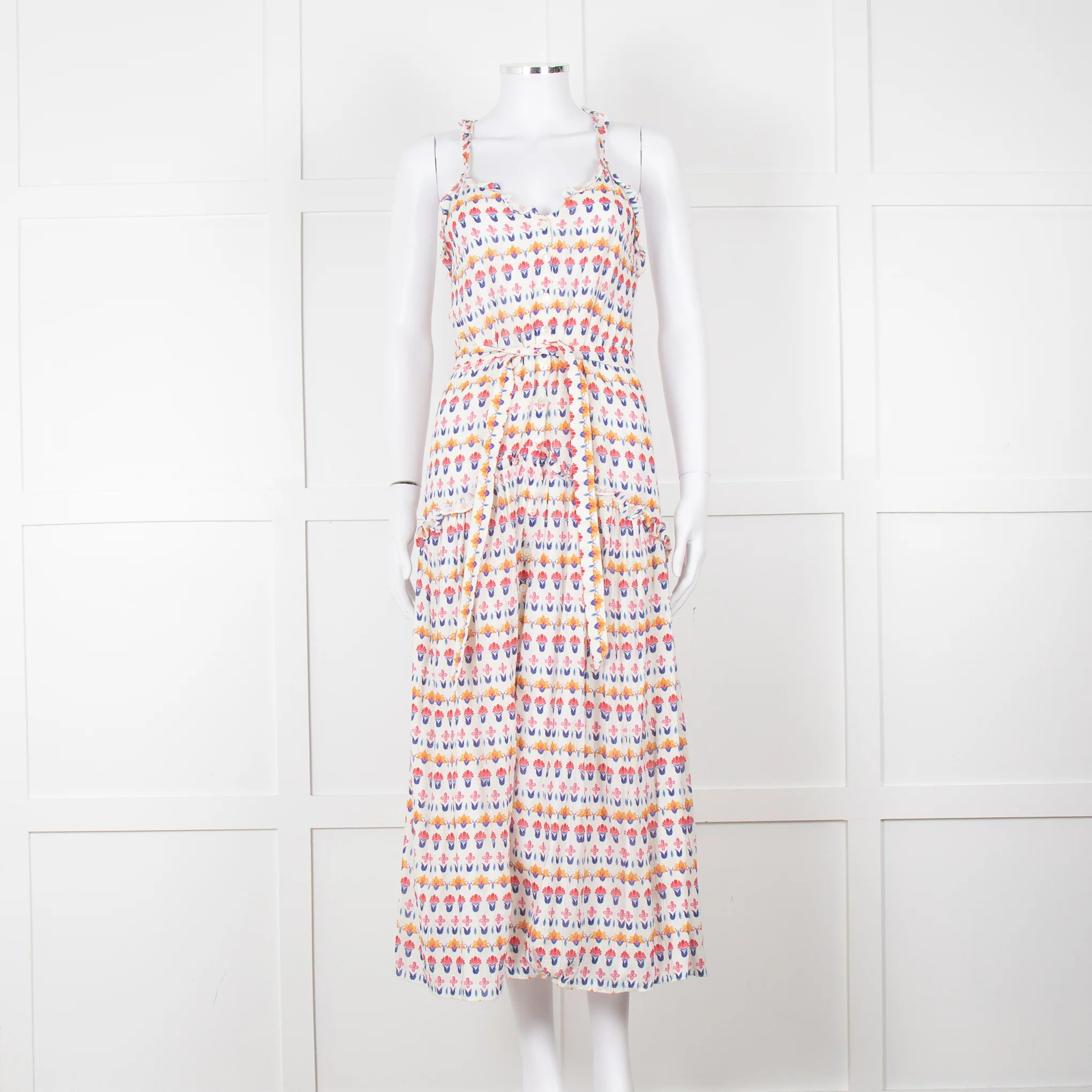Beulah Cream Red Blue Floral Print Sleeveless Cotton Midi Dress