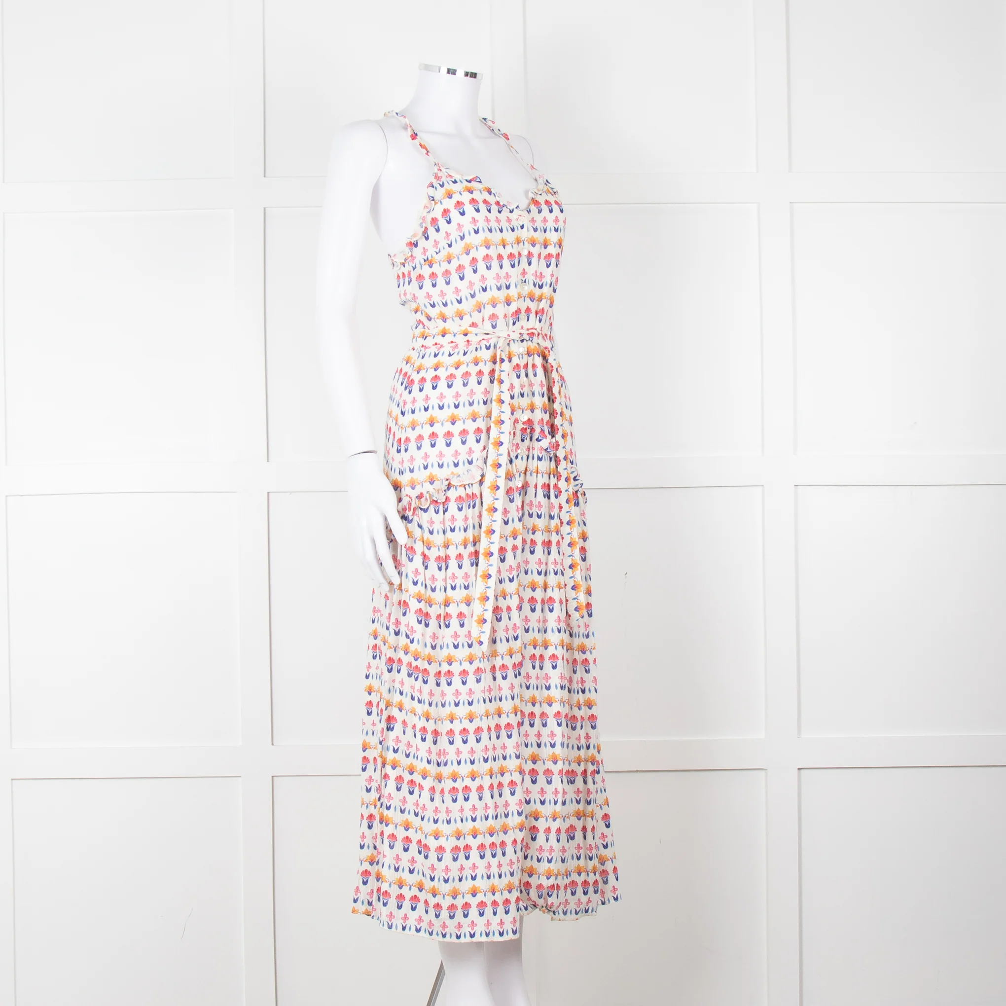 Beulah Cream Red Blue Floral Print Sleeveless Cotton Midi Dress - Image 2