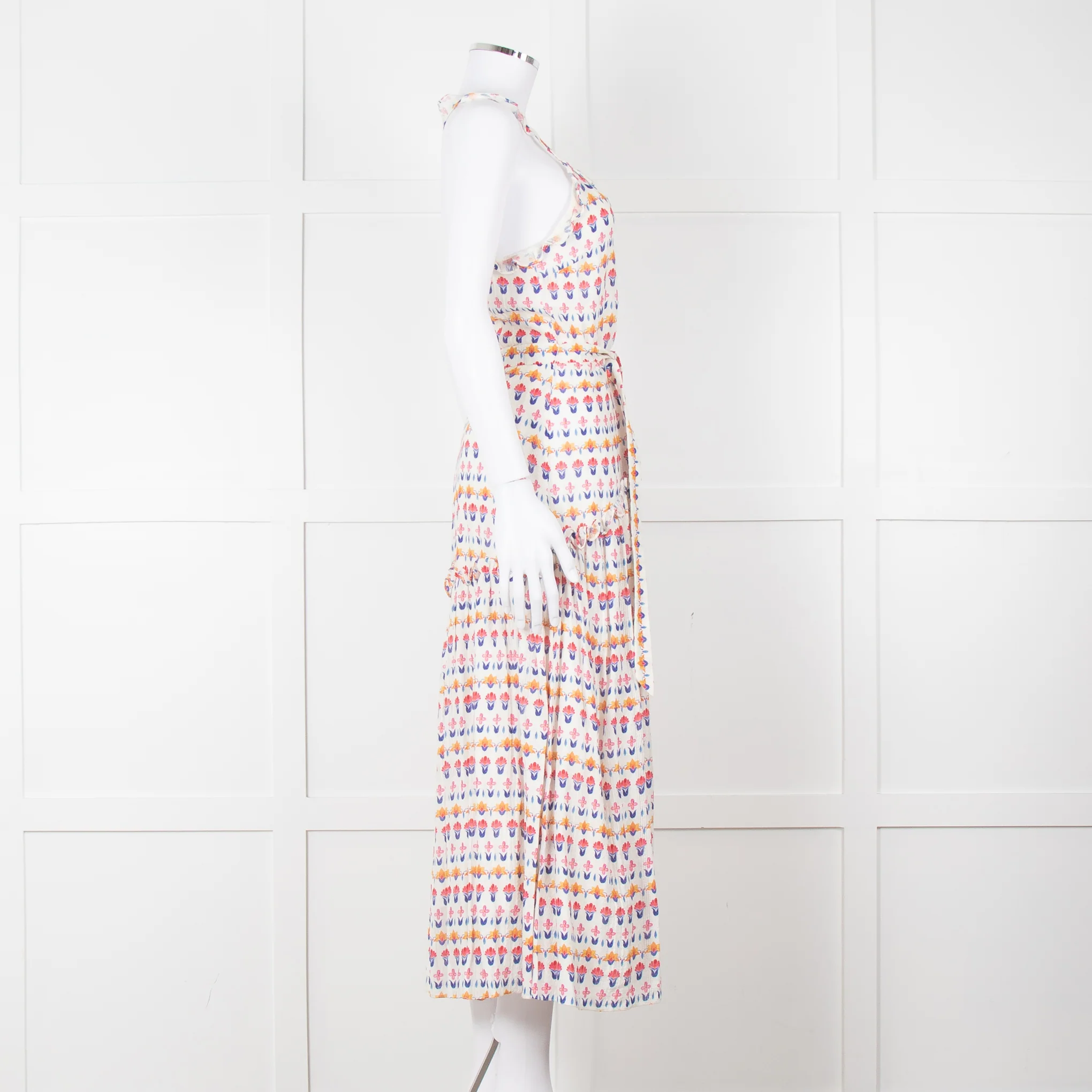 Beulah Cream Red Blue Floral Print Sleeveless Cotton Midi Dress - Image 3