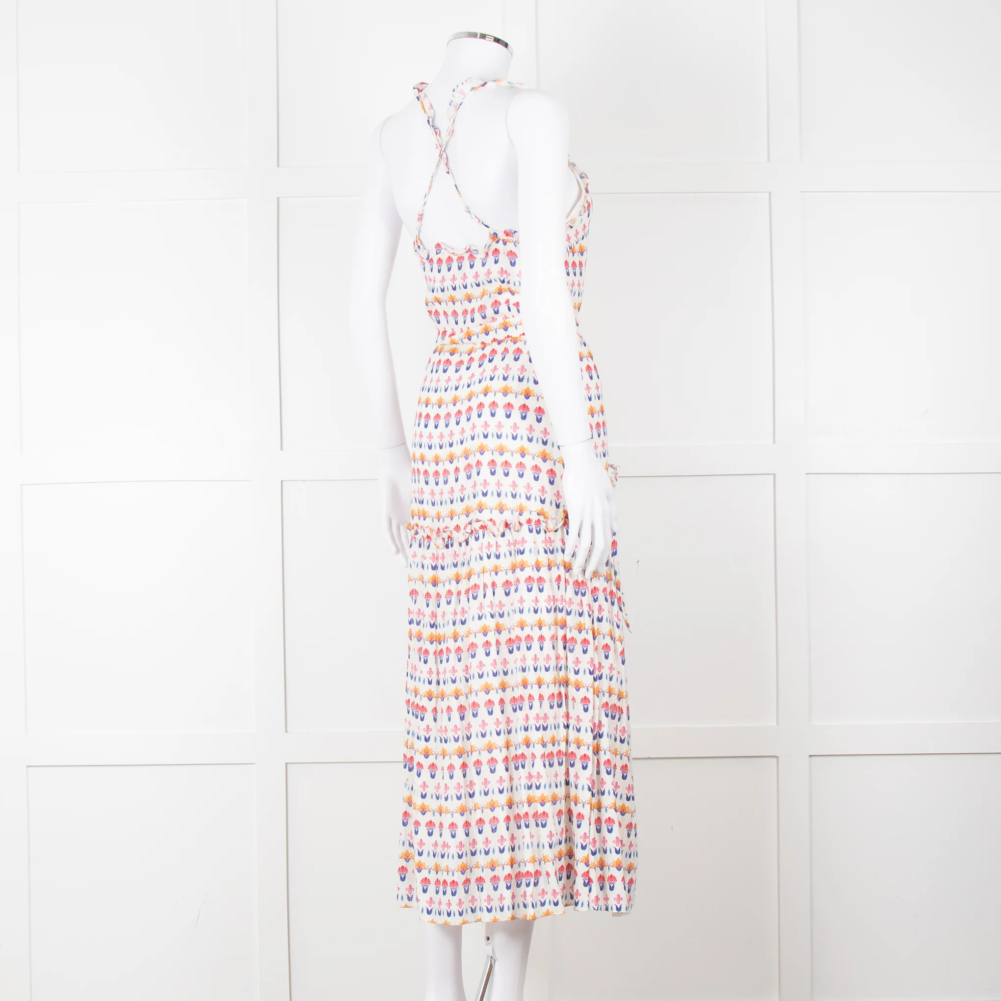Beulah Cream Red Blue Floral Print Sleeveless Cotton Midi Dress - Image 4
