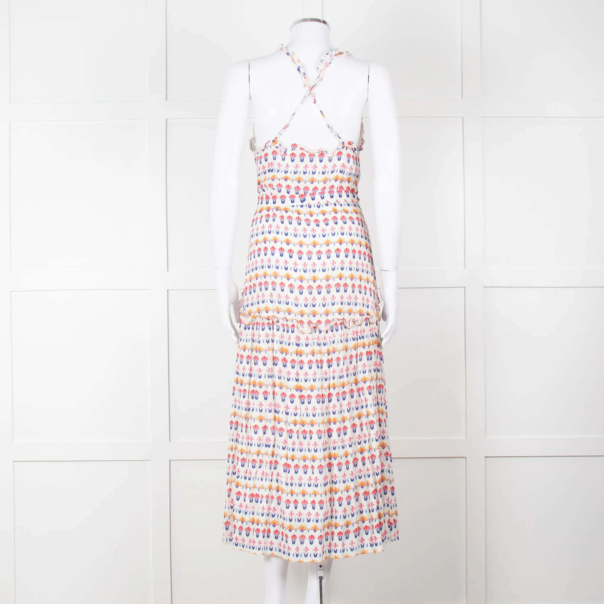 Beulah Cream Red Blue Floral Print Sleeveless Cotton Midi Dress - Image 5