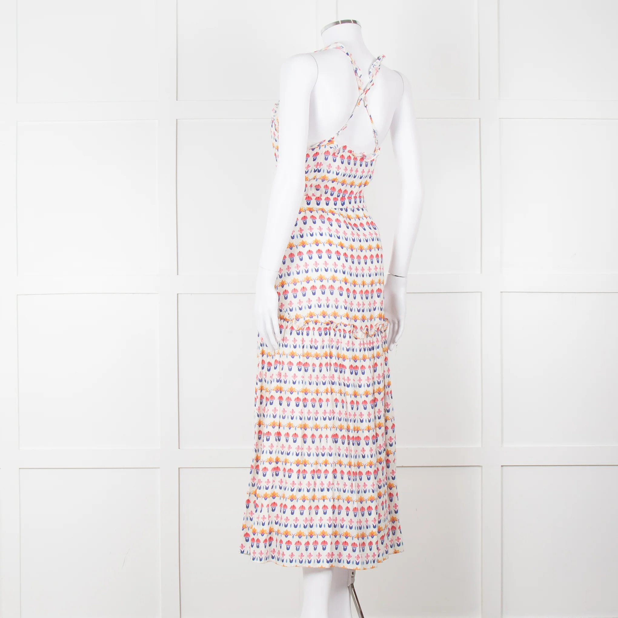 Beulah Cream Red Blue Floral Print Sleeveless Cotton Midi Dress - Image 6