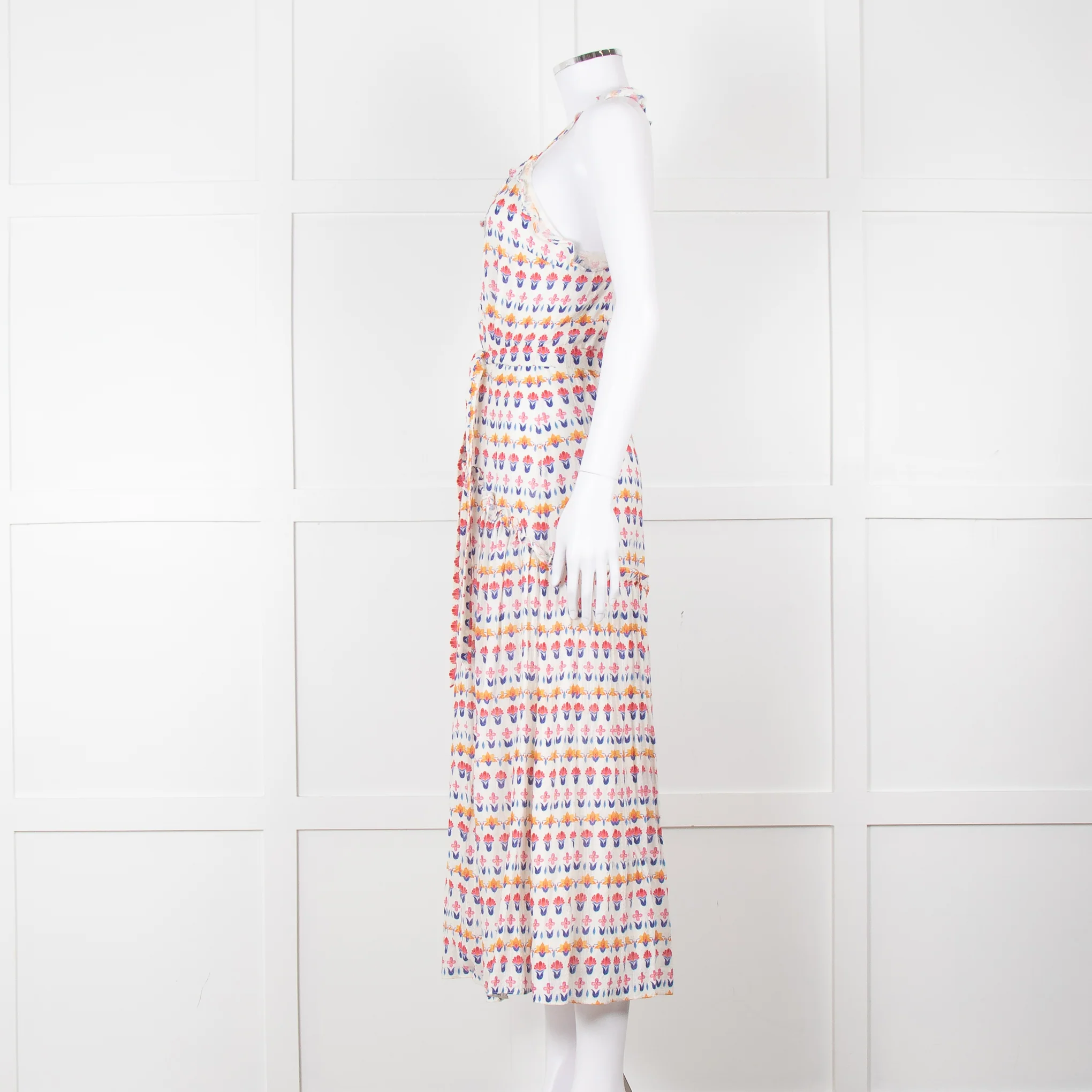 Beulah Cream Red Blue Floral Print Sleeveless Cotton Midi Dress - Image 7
