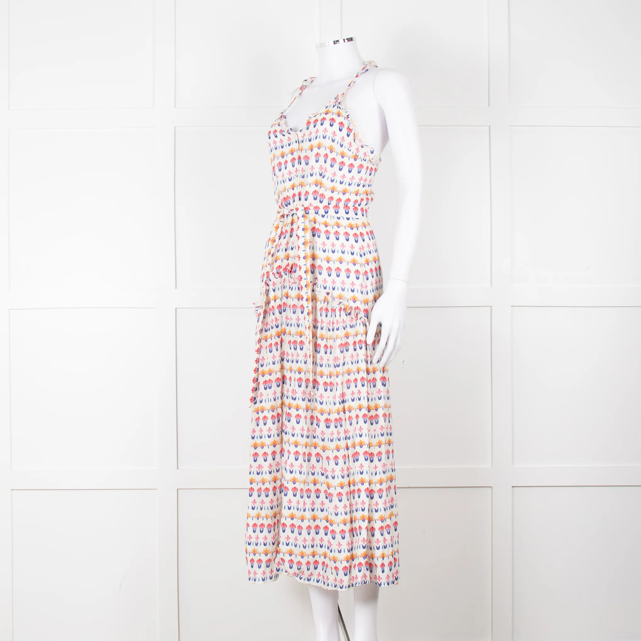 Beulah Cream Red Blue Floral Print Sleeveless Cotton Midi Dress - Image 8