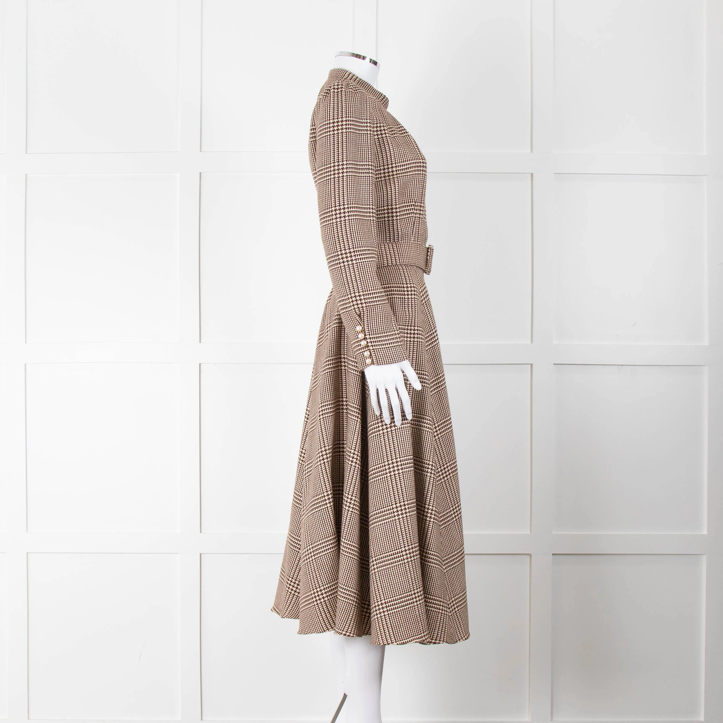 Beulah London Brown Prince of Wales Check Midi Dress with Pearl Buttons - Image 3